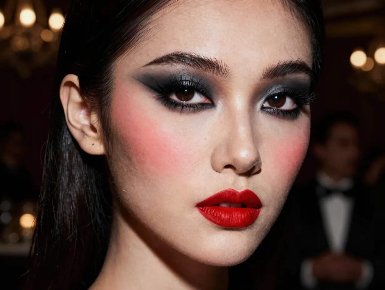 Dramatic bridal makeup evening black tie gala bold red lip smoky eye