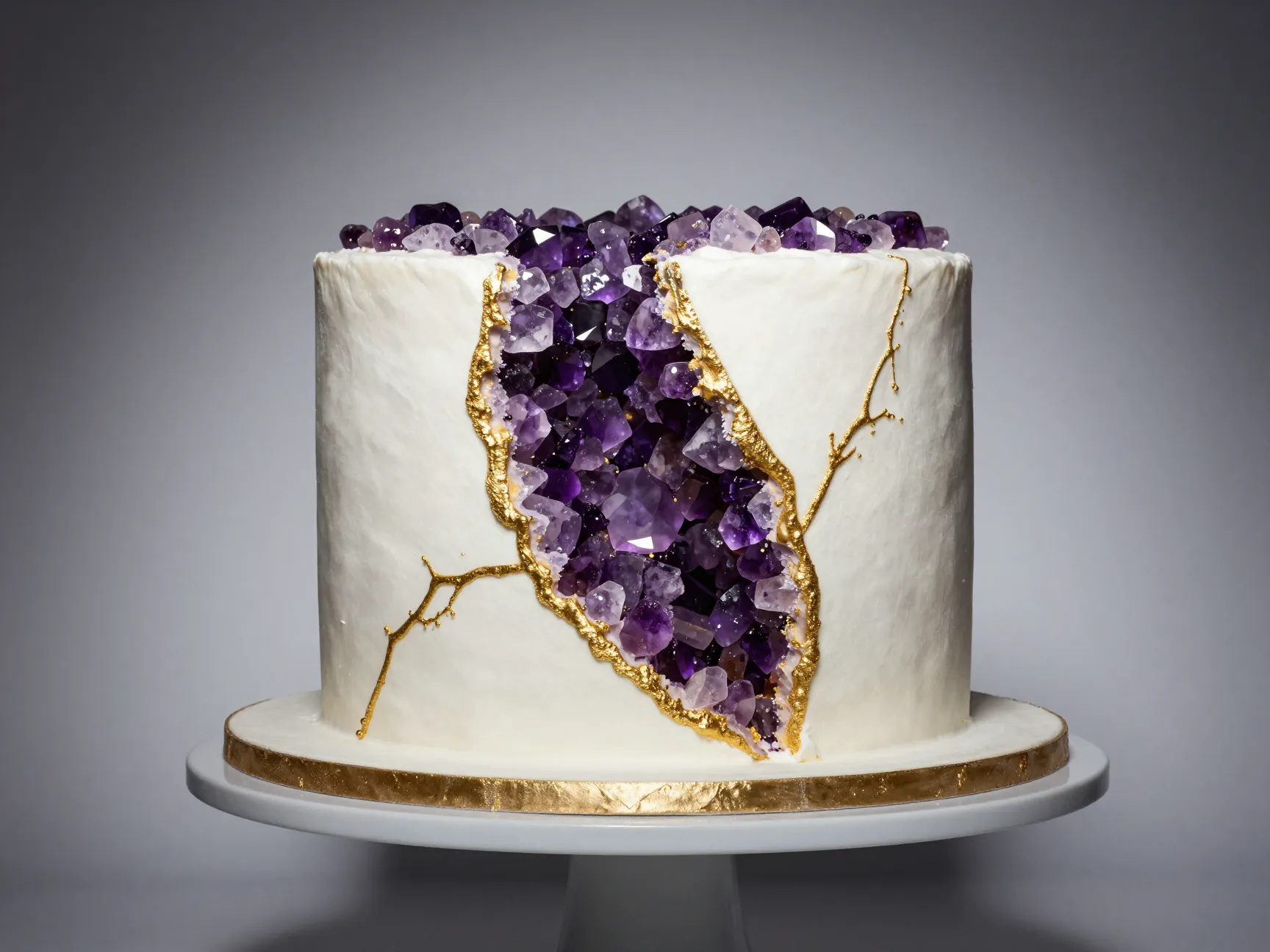 Geode cake with purple rock candy crystals and gold veins