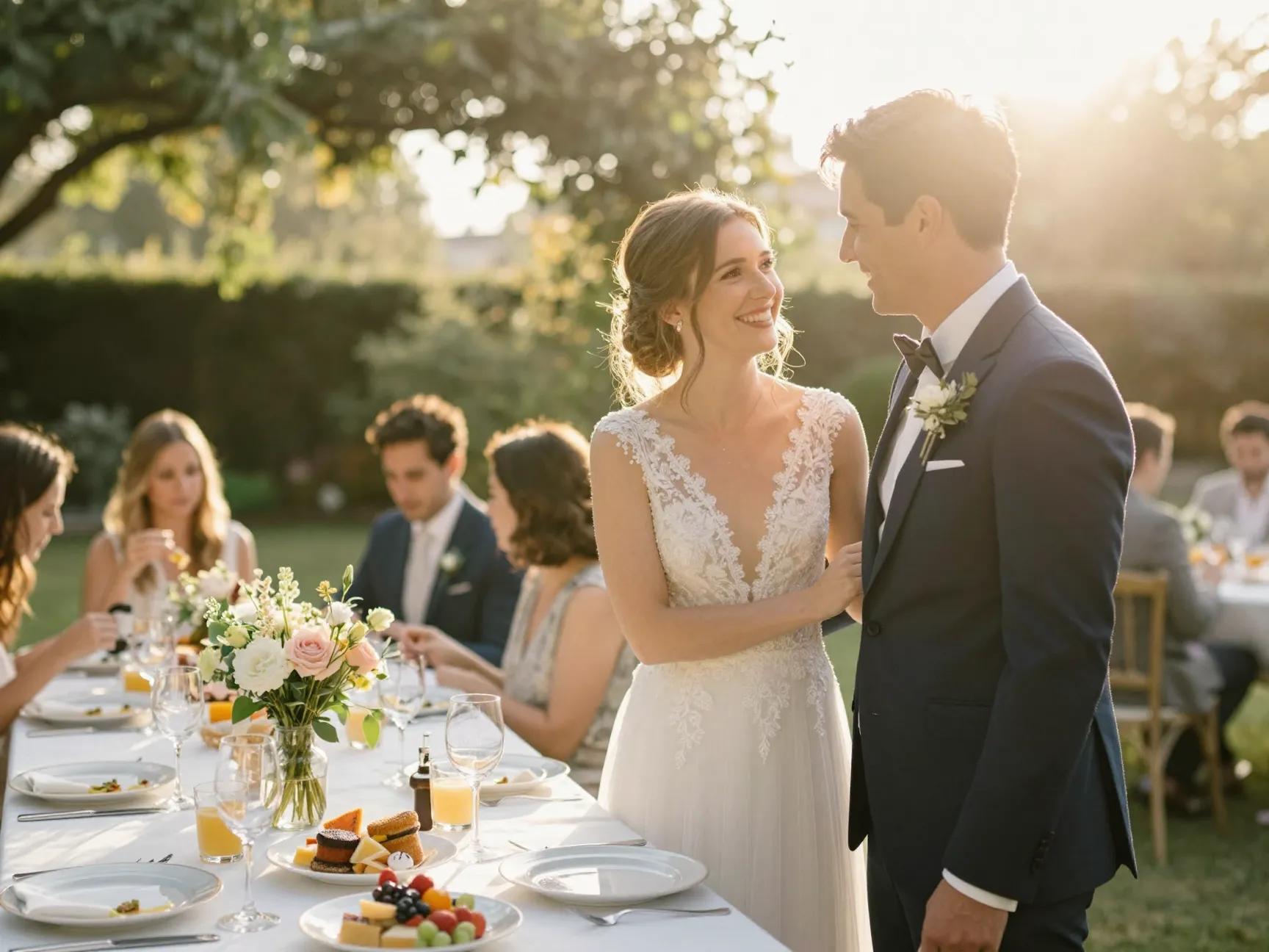 Morning brunch wedding reception with natural sunlight portraits