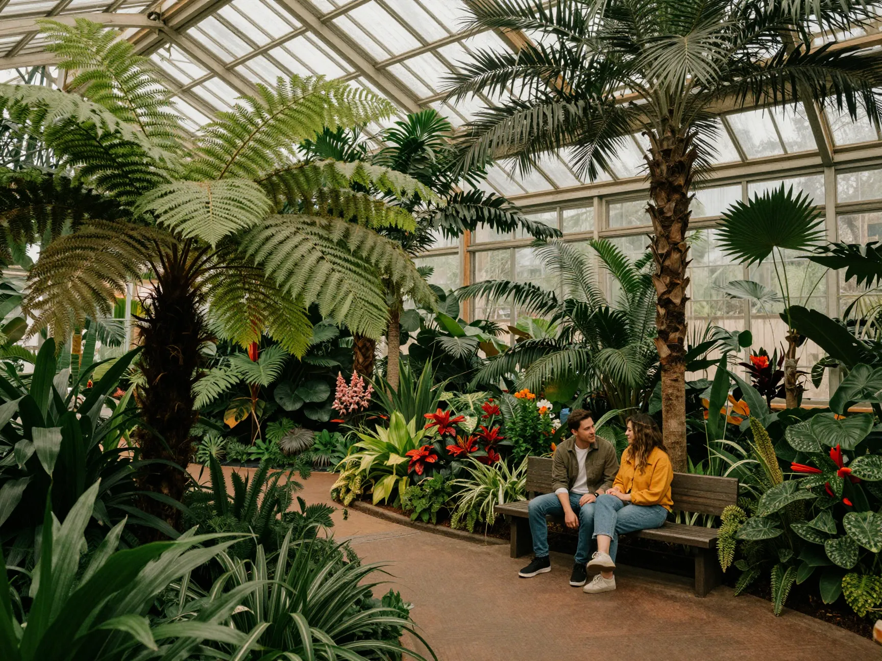 Couple in garfield park conservatory tropical indoor plant environment