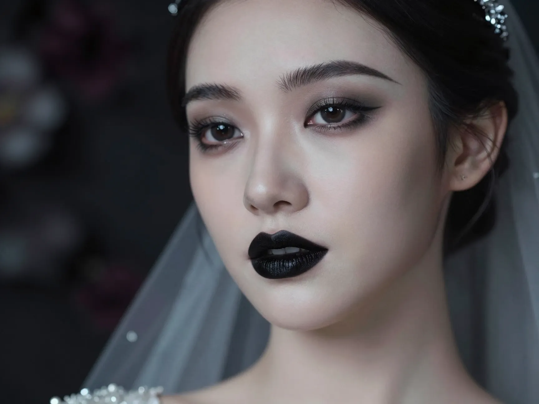 Gothic glamour bride winter wedding blackberry lip defined brows porcelain skin