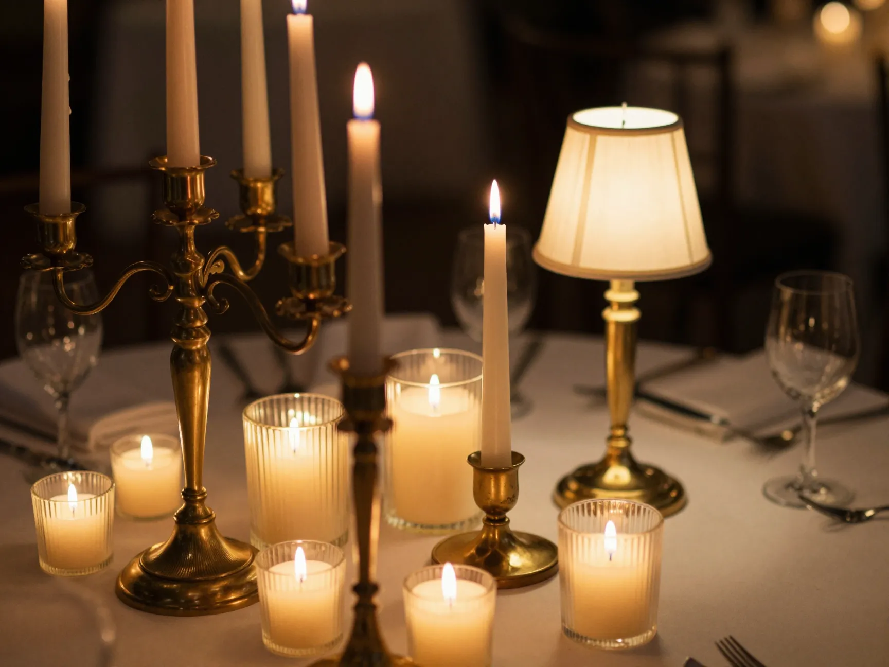 Intimate wedding table with layered candlelight and sculptural brass holders