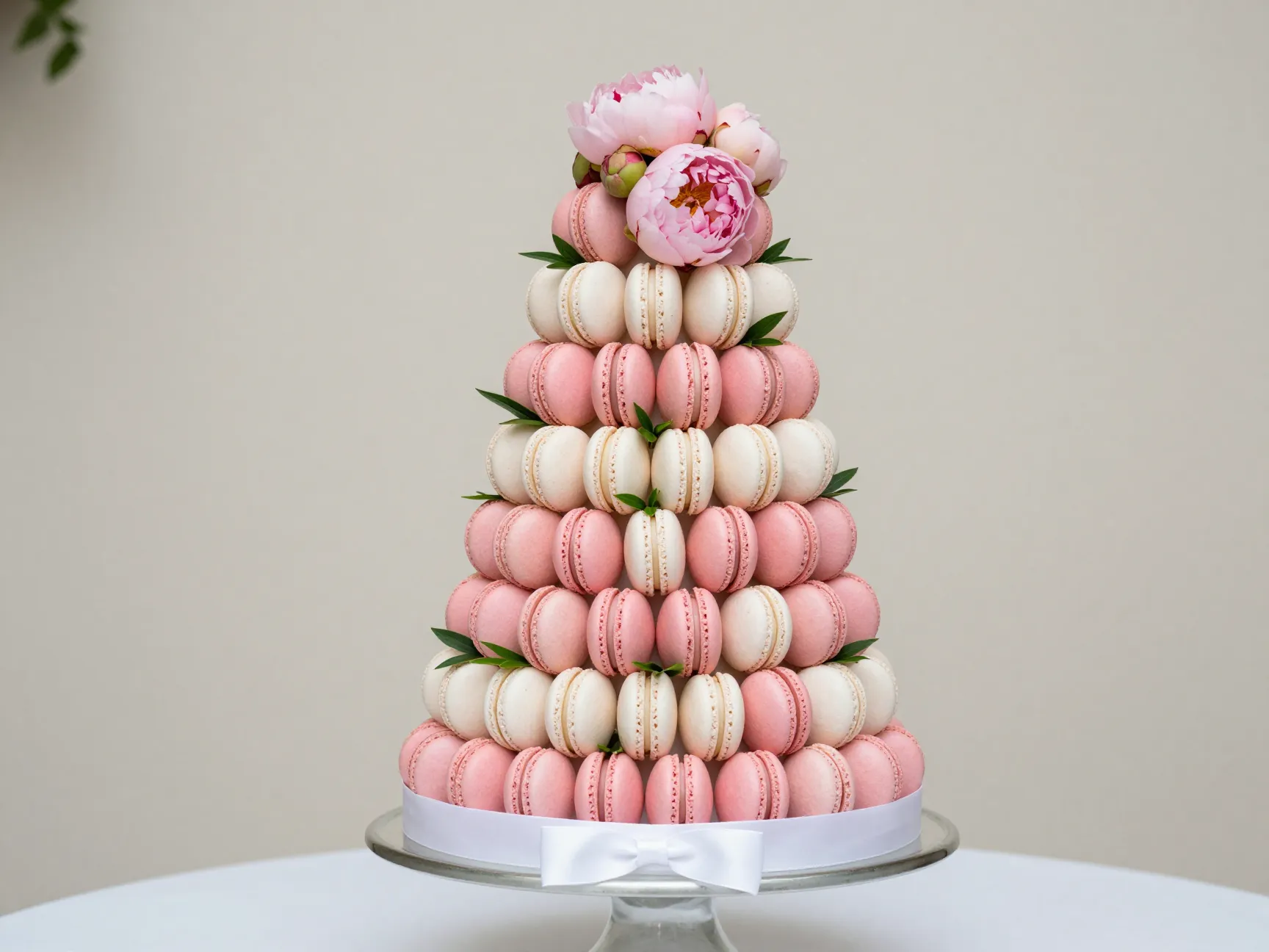 Macaron tower stacked cone with pink flowers and ribbon