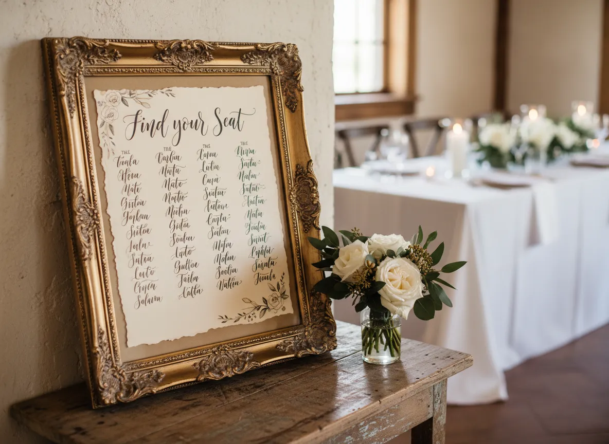 Artistic functional wedding detail framed hand lettered seating chart