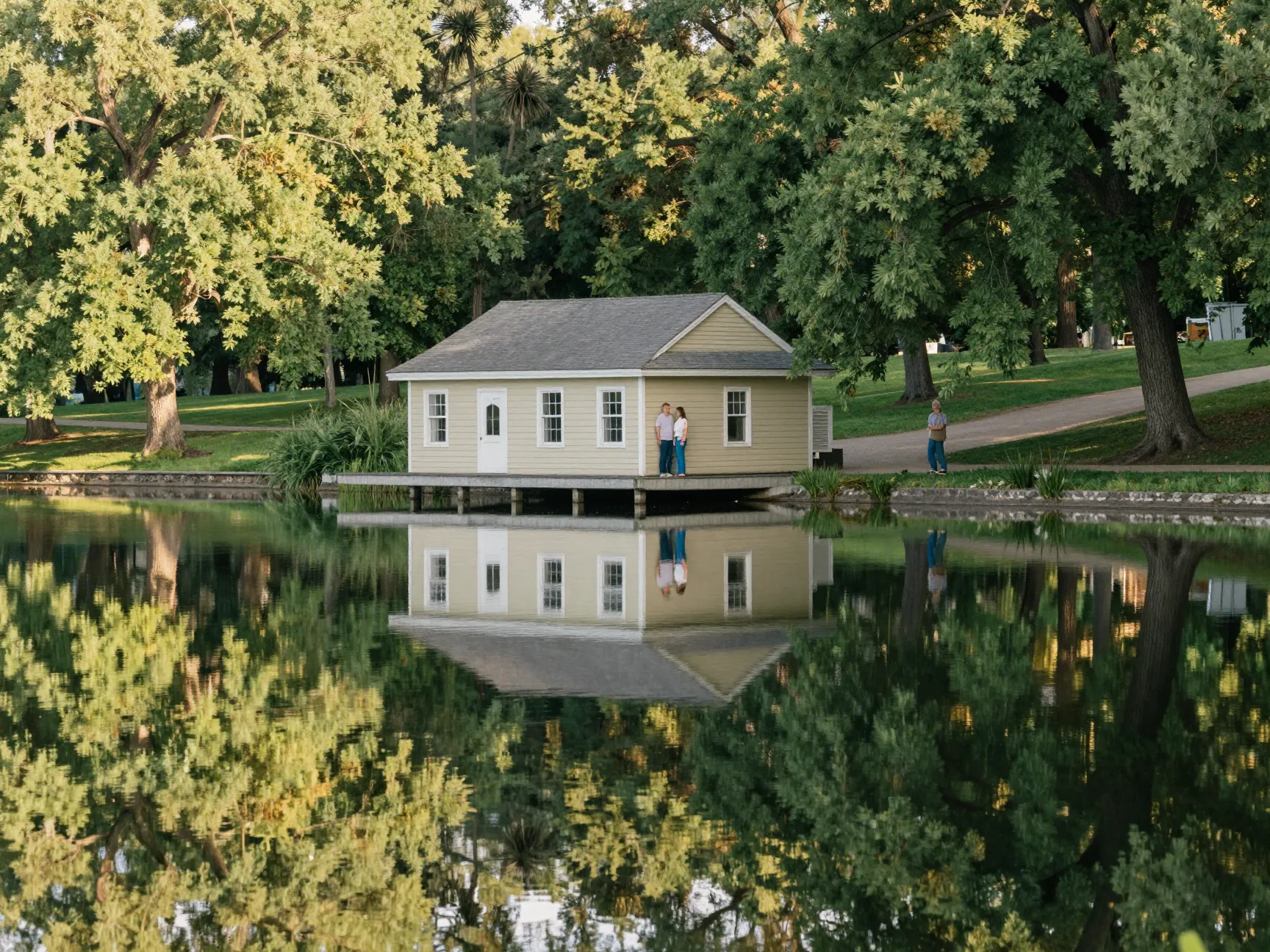 Couple by boathouse at humboldt park lagoon with still water reflection