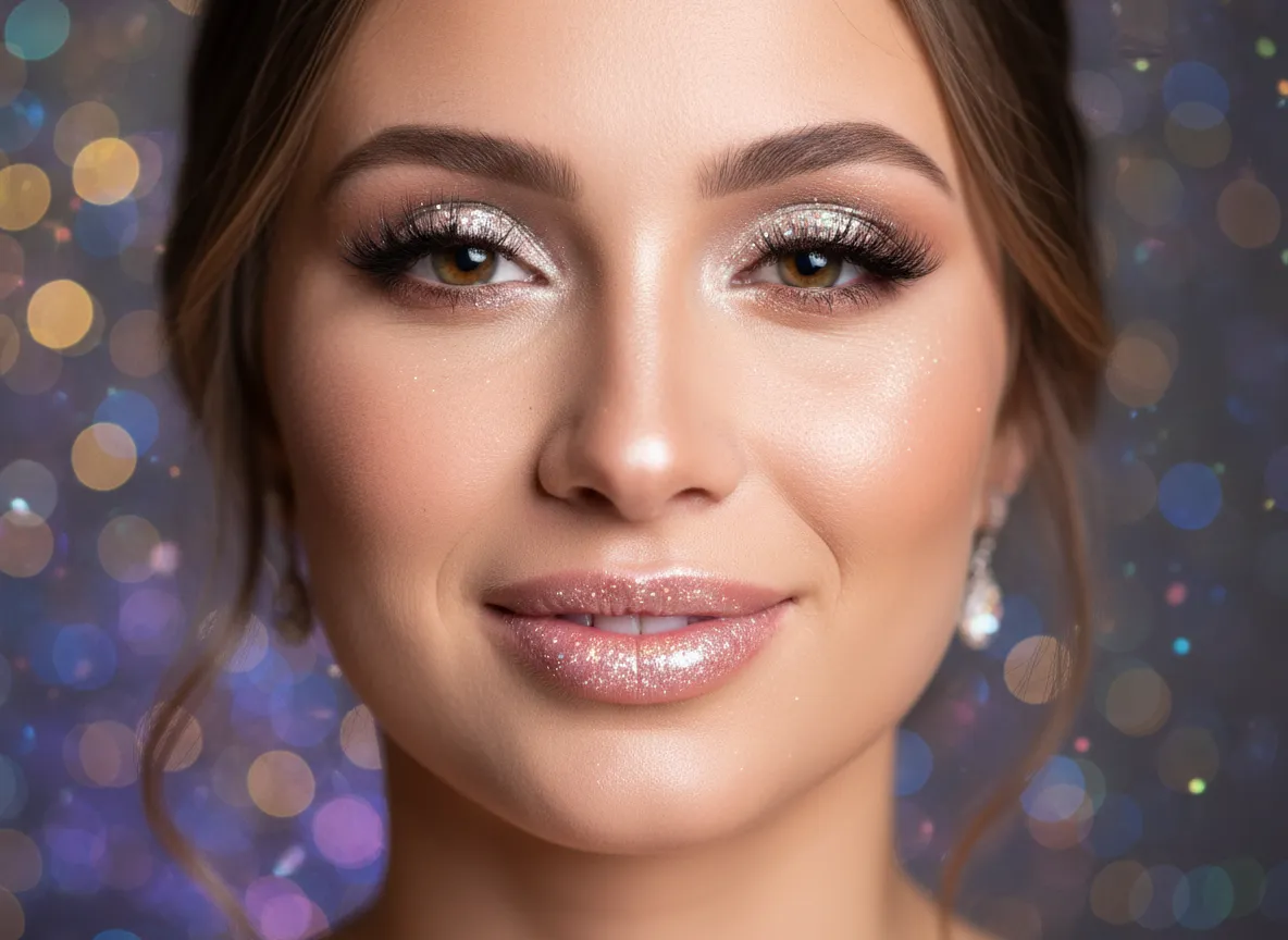 Glitter gloss bride new years eve wedding pearlescent eyeshadow glossy lip