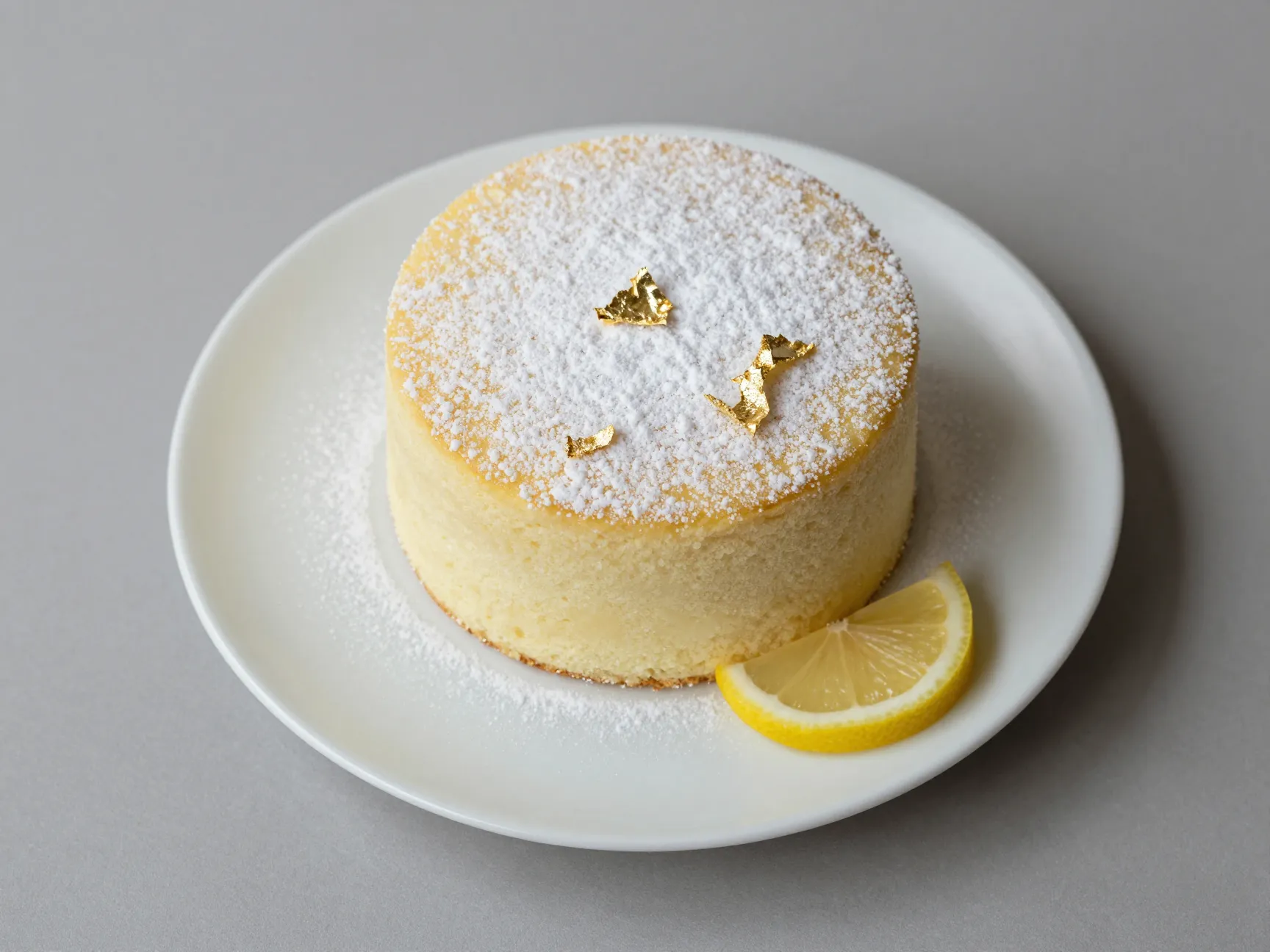 Minimalist single tier cake with gold leaf and lemon