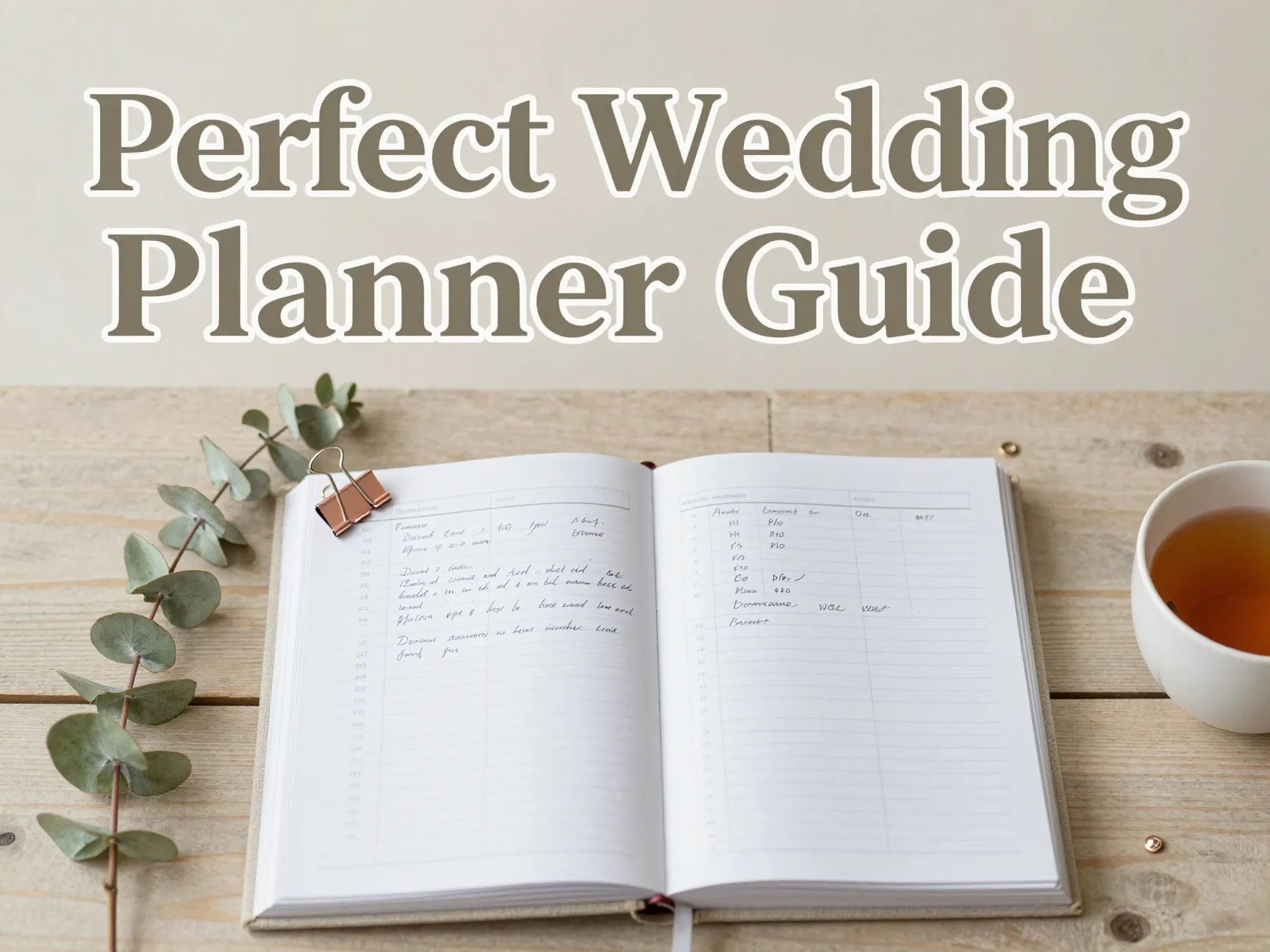 Elegant linen wedding planner budget page flatlay wooden table