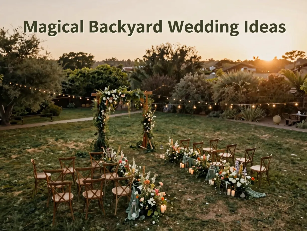 Overhead drone view intimate backyard wedding ceremony setup golden hour