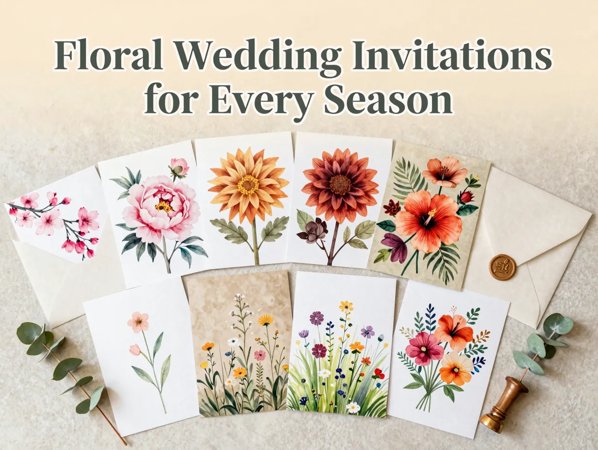 Overhead flatlay eight floral wedding invitation styles suite showcase