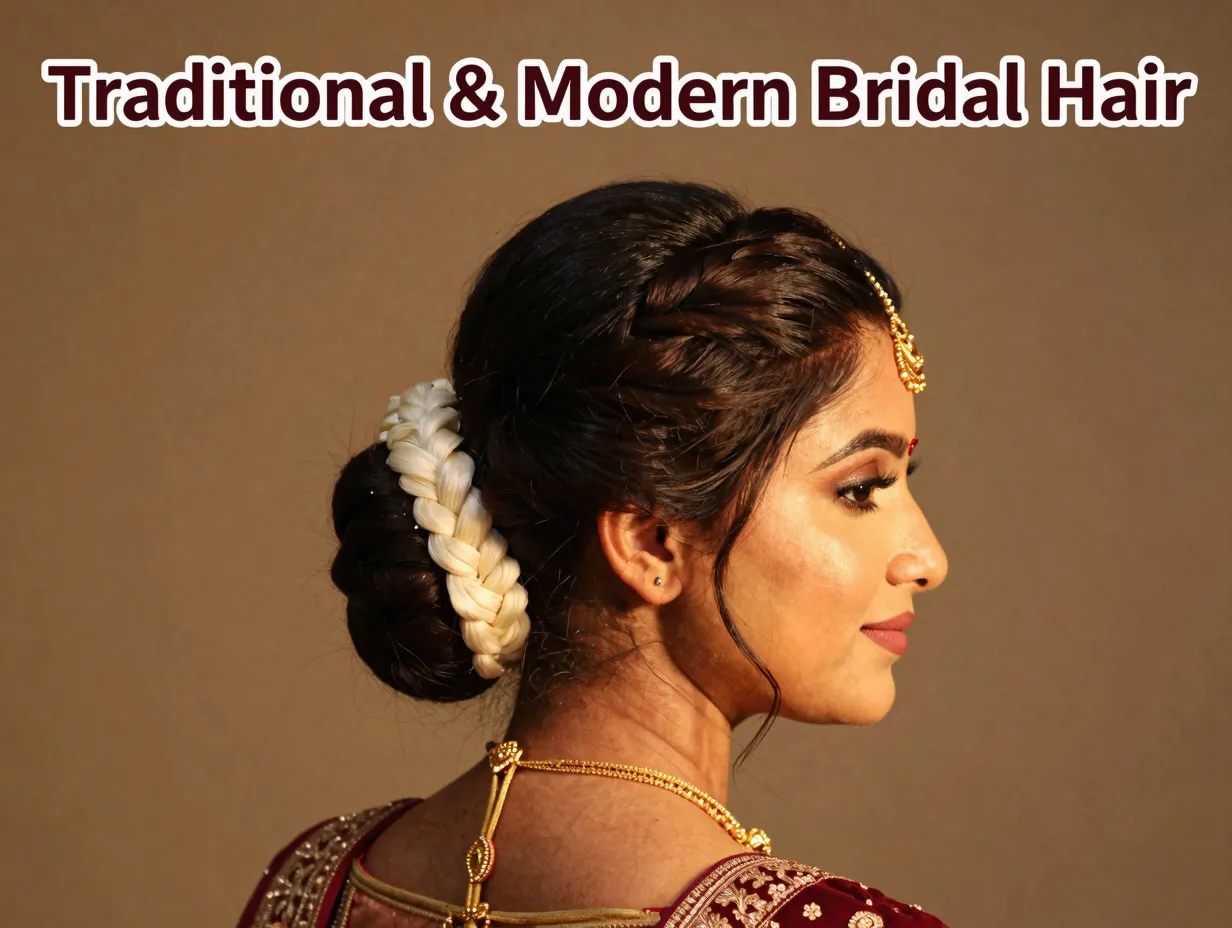 Traditional modern fusion bridal bun gajra maang tikka golden light