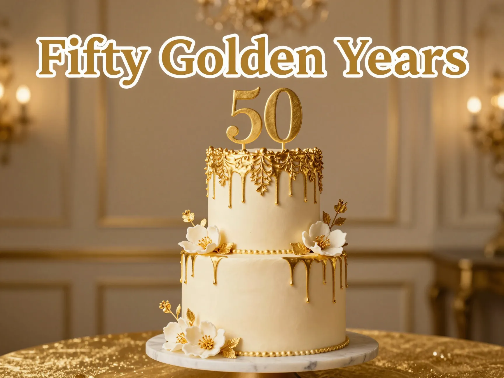 Two tier gold leaf ivory cake golden anniversary celebration