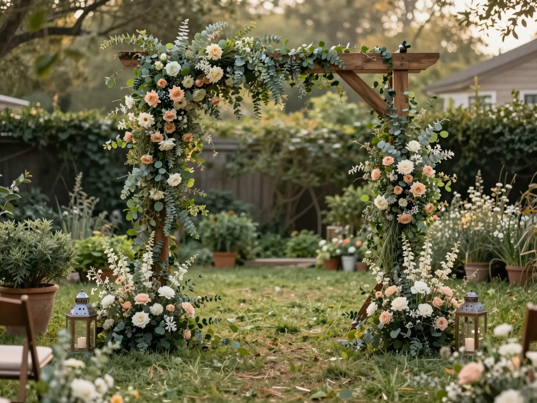 Lush floral arch ceremony space with wildflowers and greenery