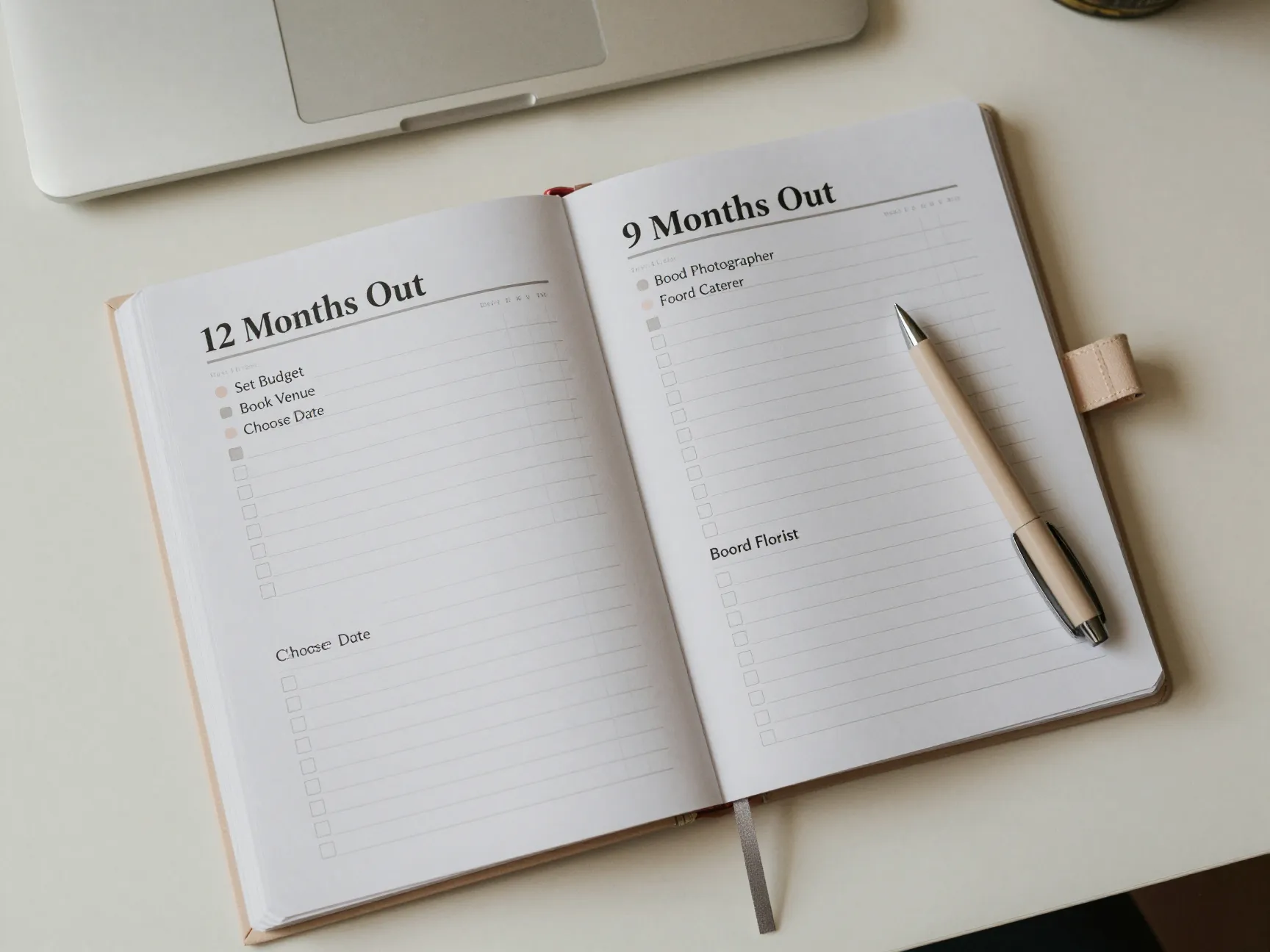 Open wedding planner book showing monthly timeline checklist