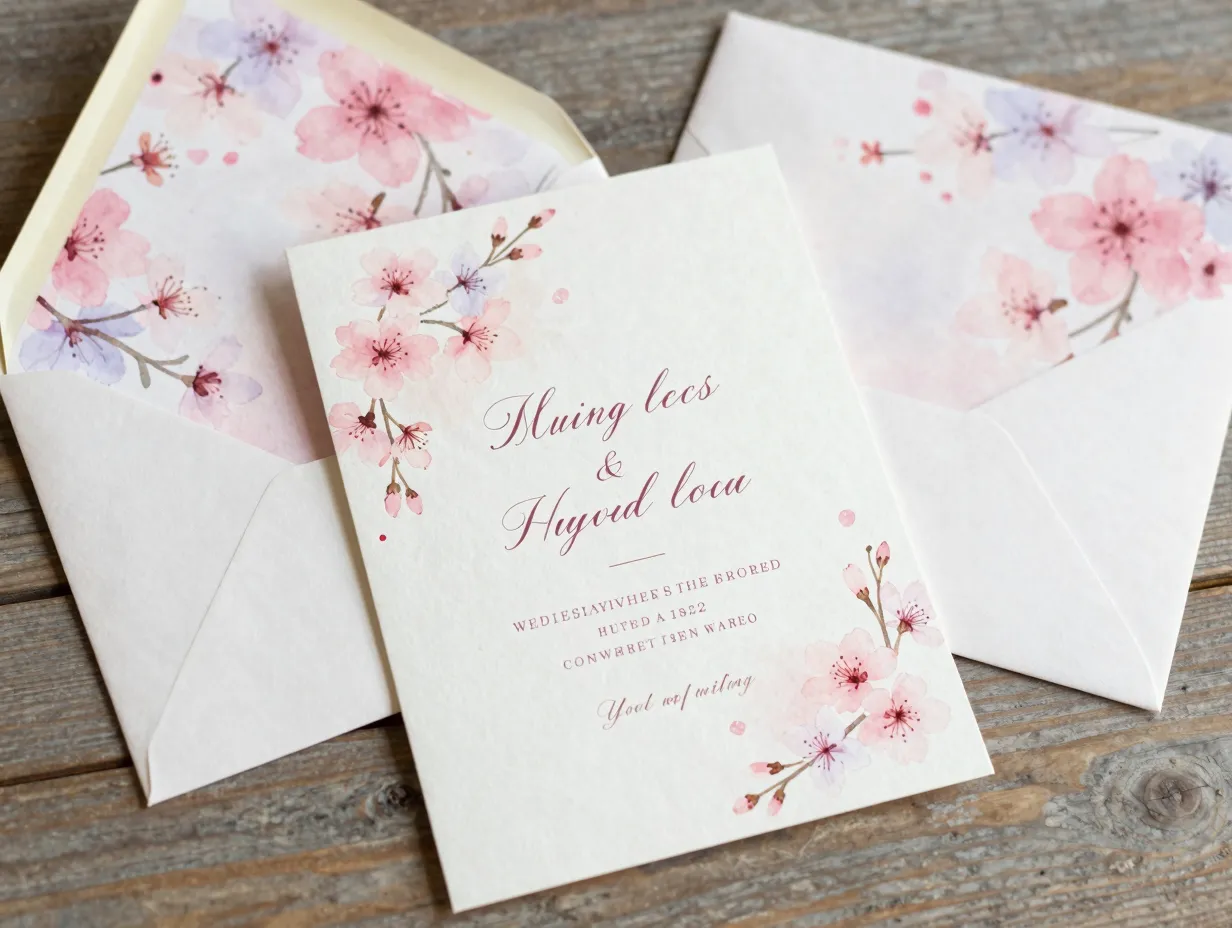 Spring watercolor cherry blossom invitation on vellum paper