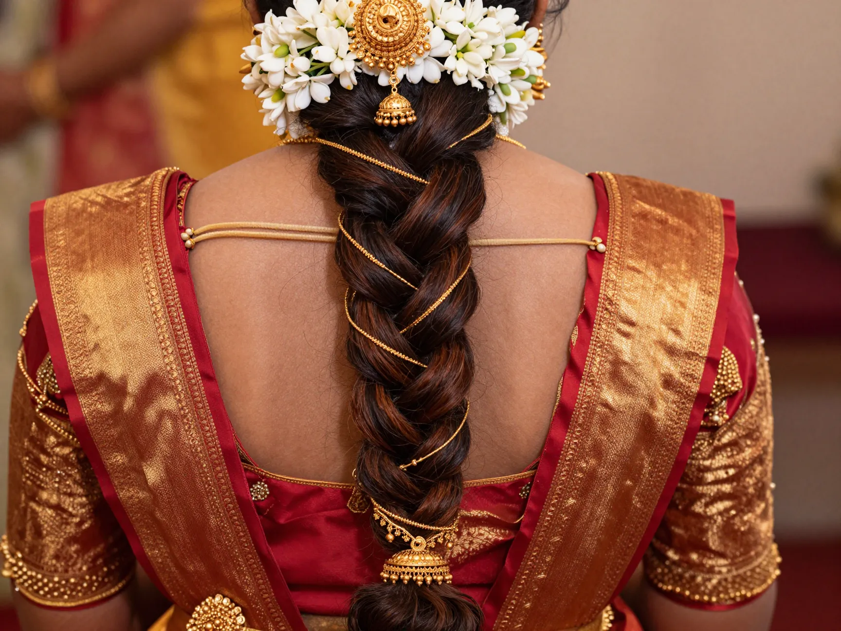 Traditional long bridal braid with gold accessories