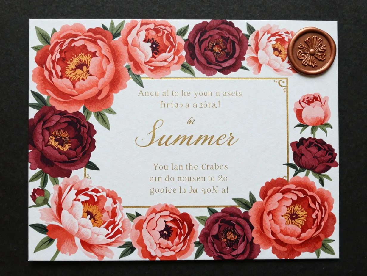 Maximalist summer peony and garden rose invitation with foil