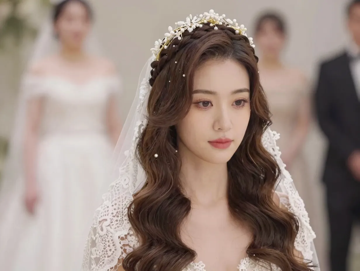 Modern braided crown with soft waves and delicate hair accessories