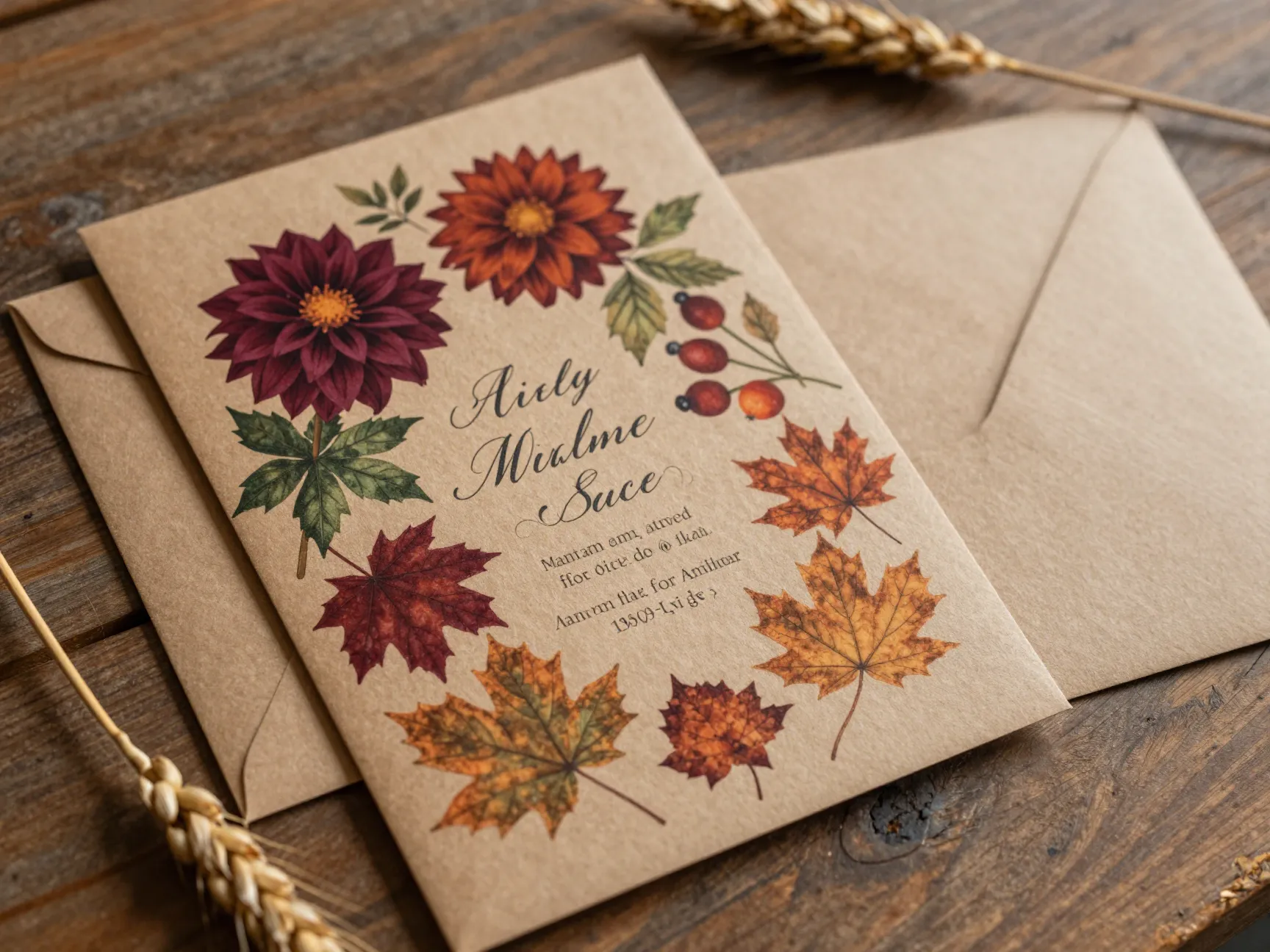 Autumn dahlia and maple leaf invitation on kraft paper