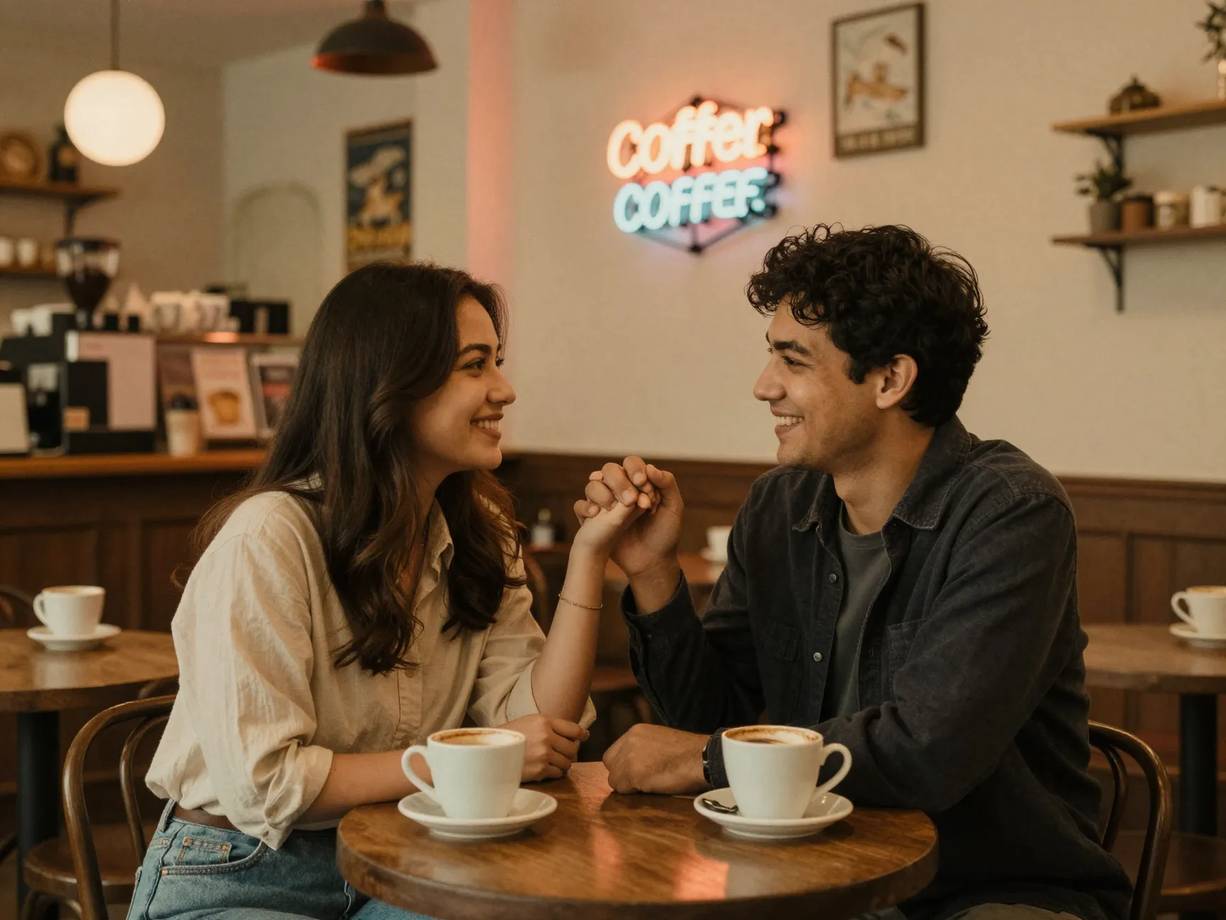 Couple recreates first date coffee shop cozy warm tones