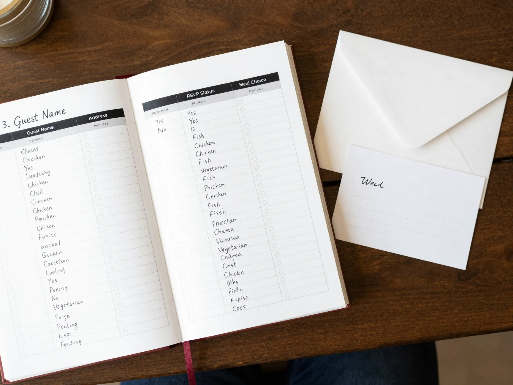 Guest list management page with rsvp status and meal choices