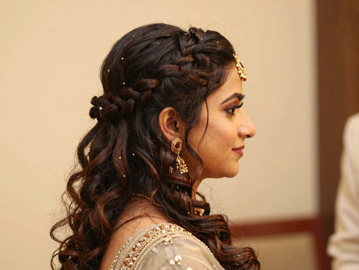 Half up half down with intricate braids and a maang tikka
