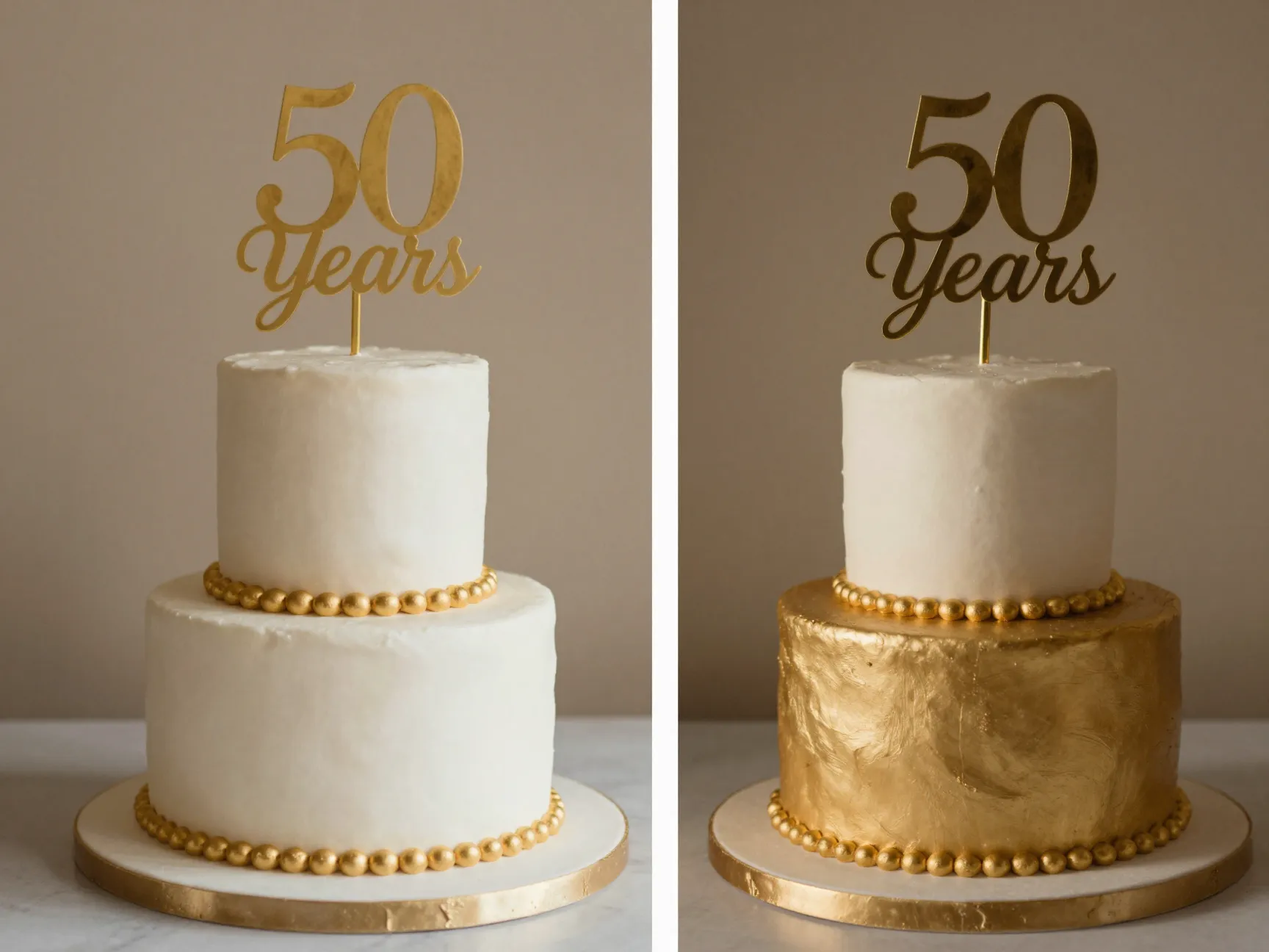 Nostalgic two tier wedding cake replica with gold accents