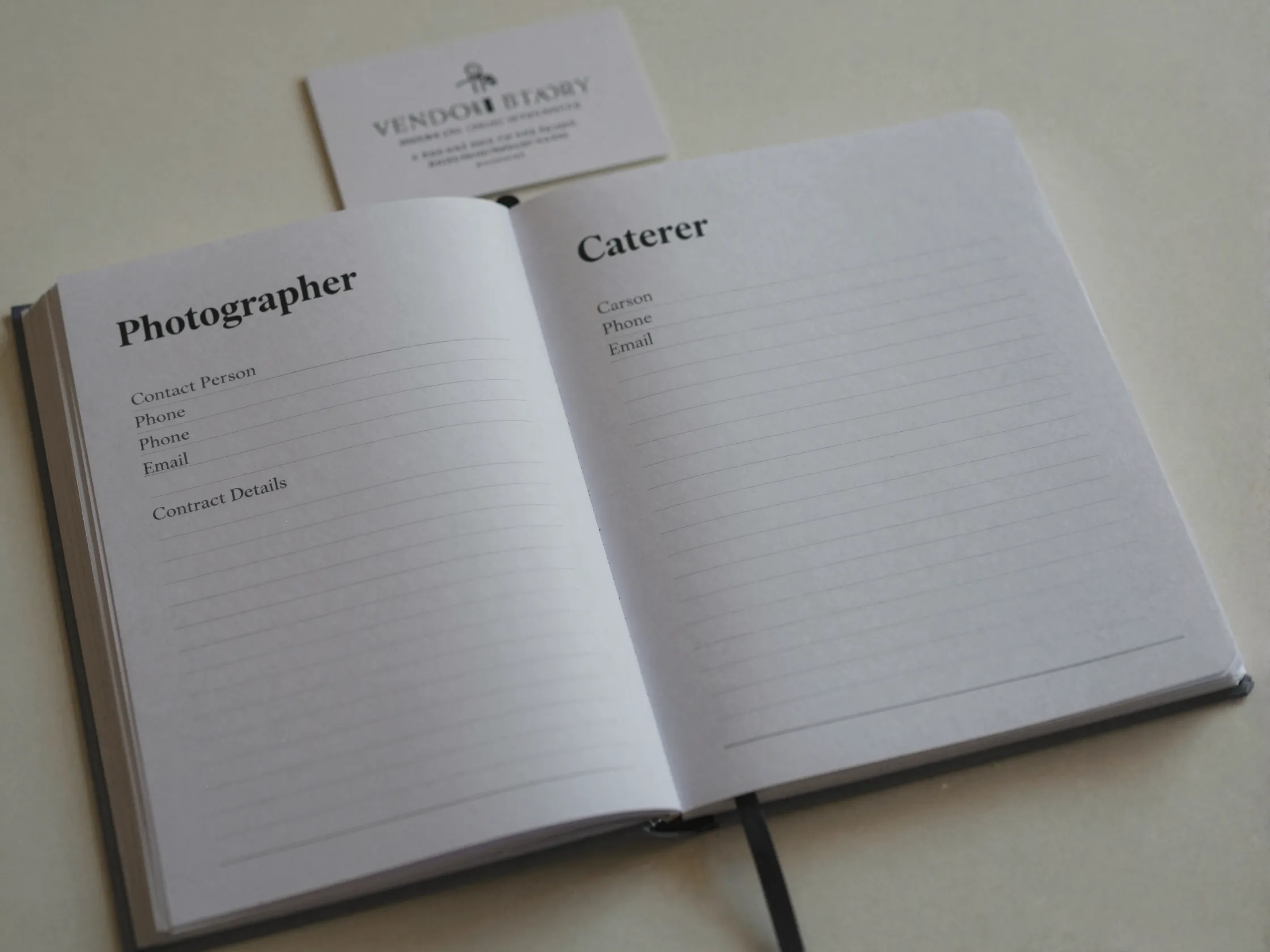 Vendor contact sheet with details for photographer and caterer