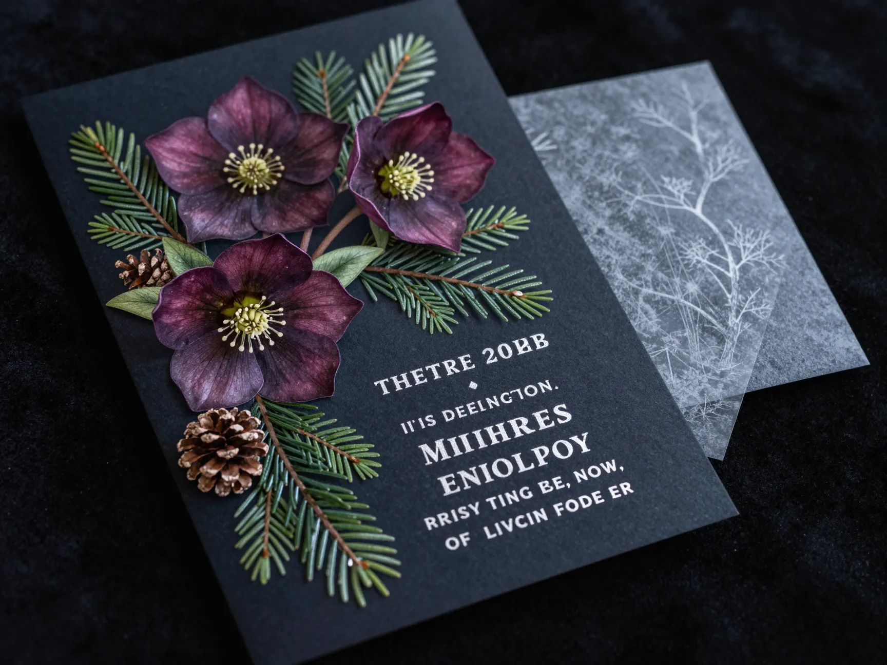 Winter hellebore and evergreen invitation with silver foil