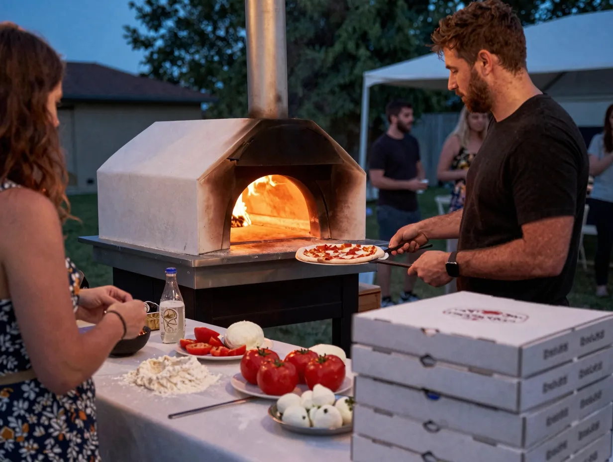 Interactive wood fired pizza station at backyard wedding reception