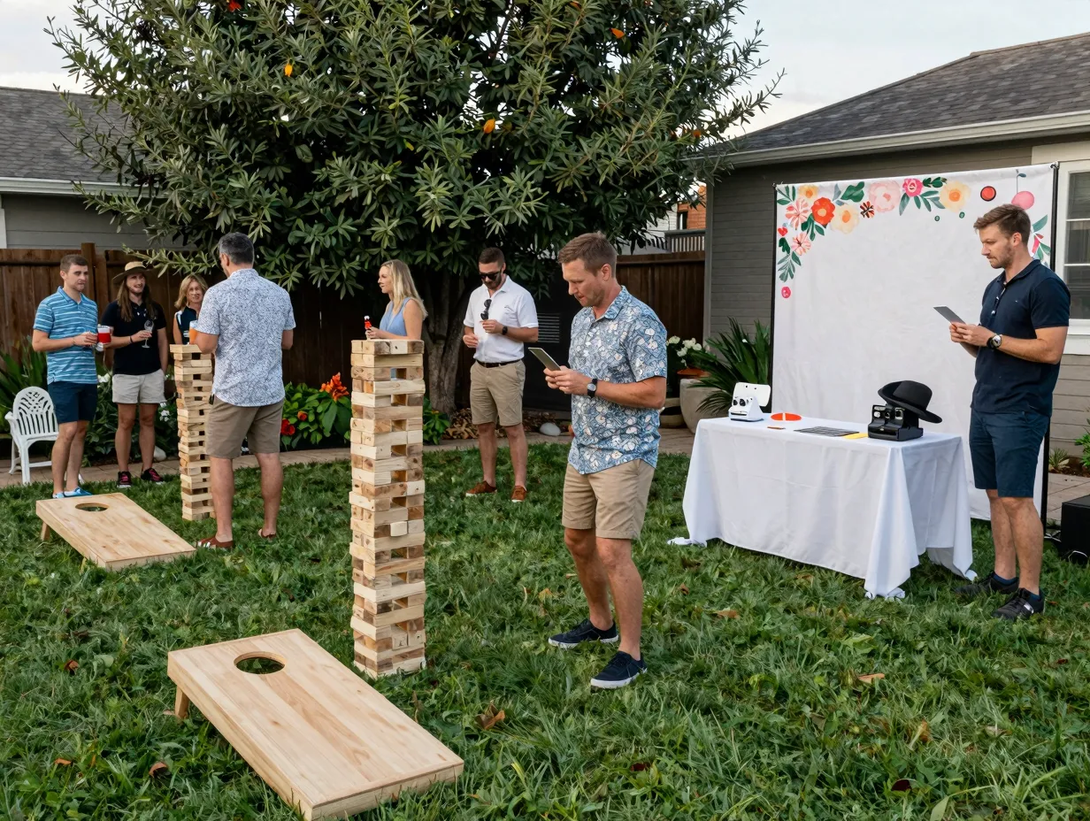 Lawn games and diy photo booth interactive guest experience corner