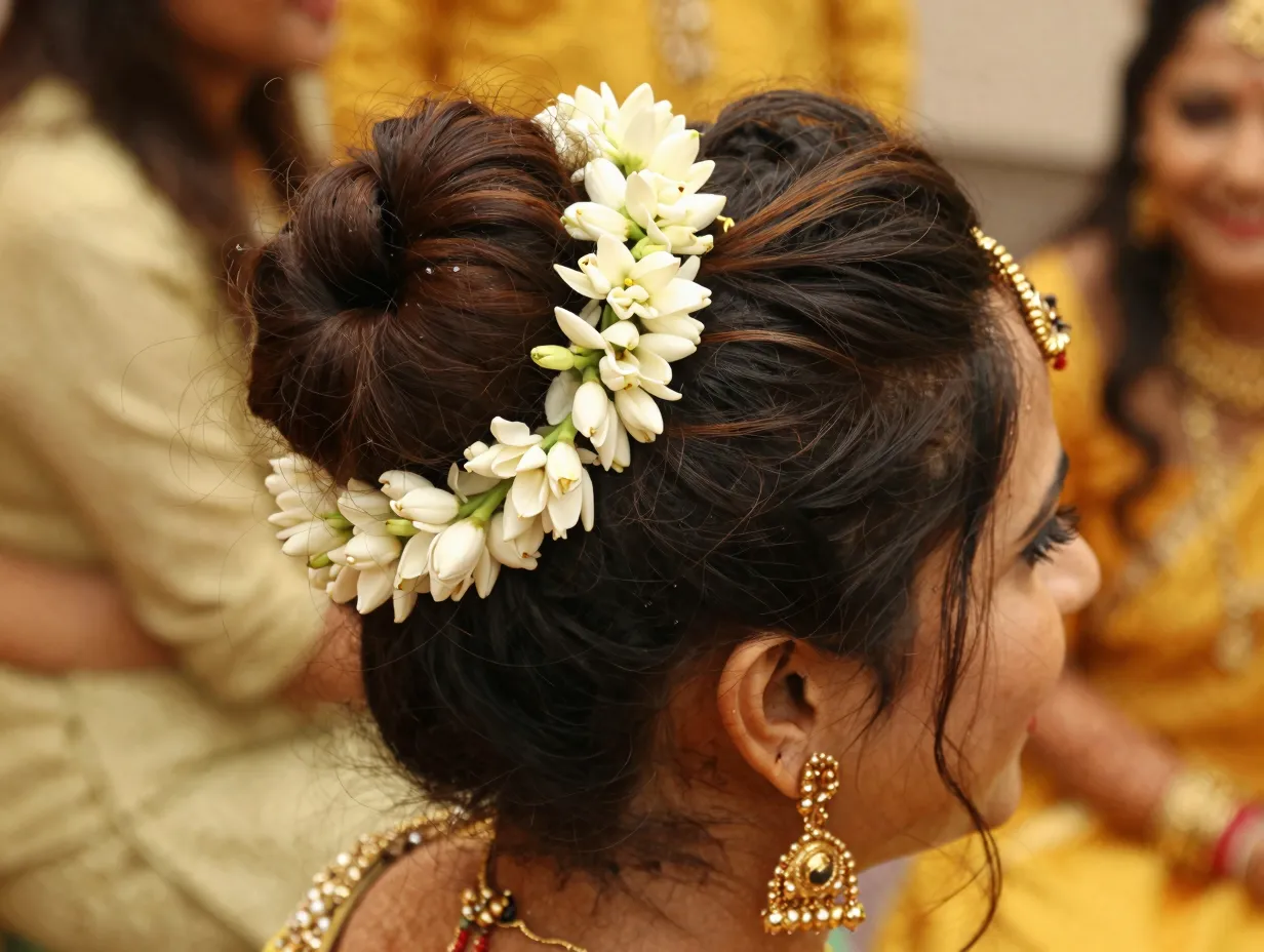 Messy bun with gajra and gold hair jewelry