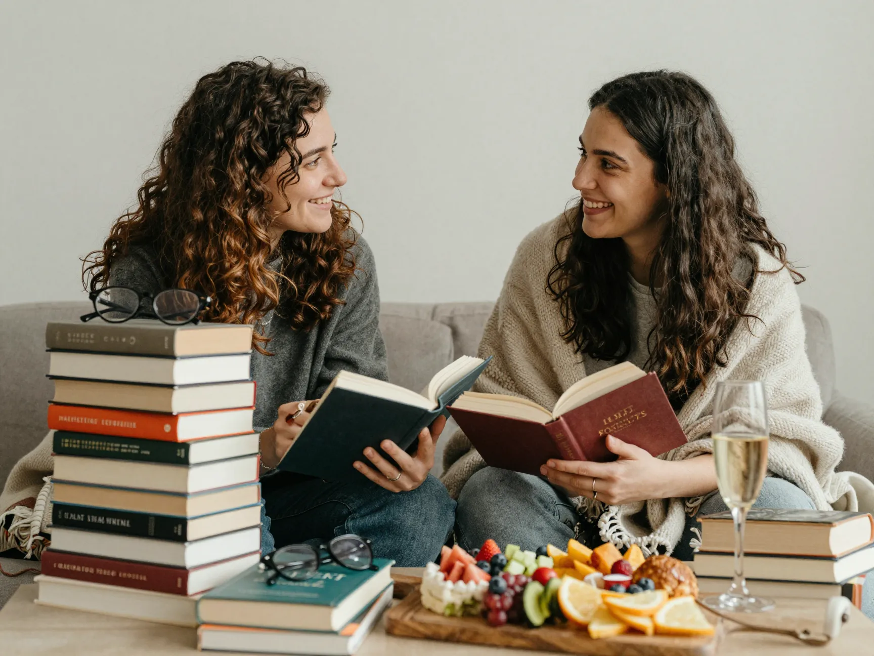 Props forward couple portrait books blanket personality