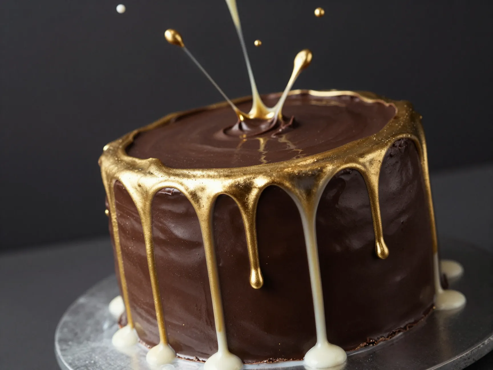 Dark chocolate ganache cake with gold drip technique