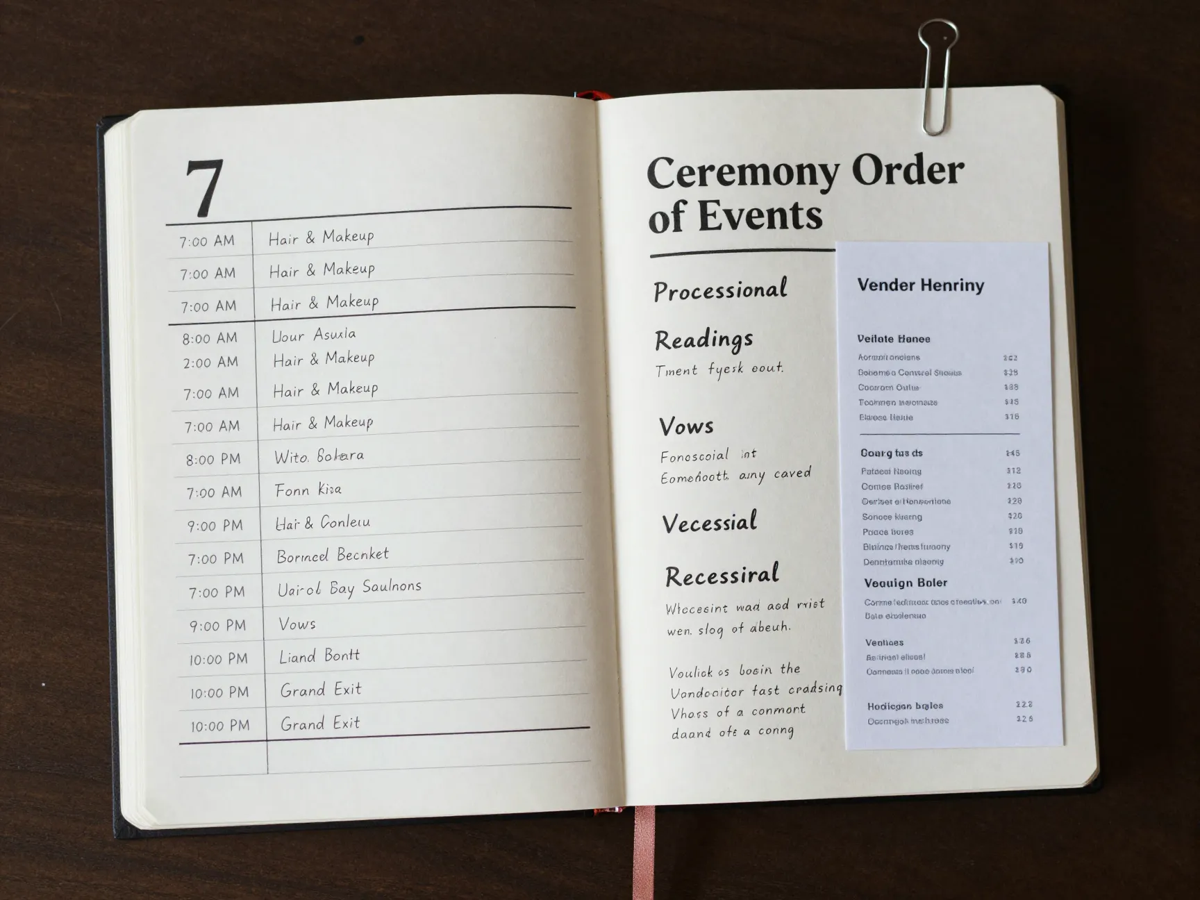 Detailed wedding day timeline page from morning to grand exit