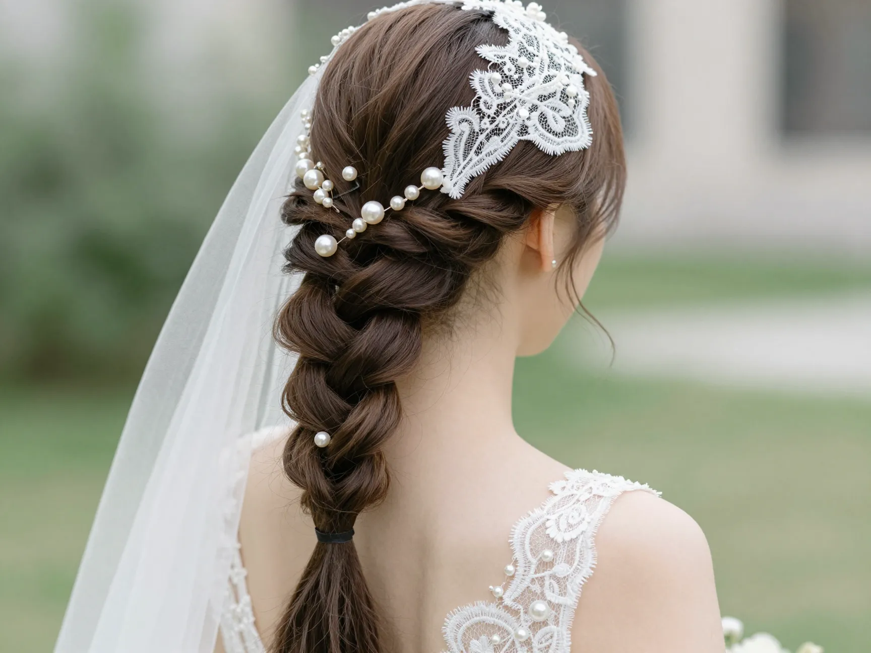 Fishtail braid with pearl hair accessories and a lace wrap