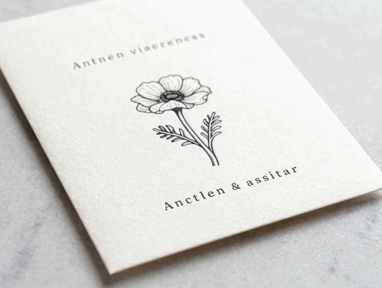 Minimalist single stem anemone invitation with blind letterpress