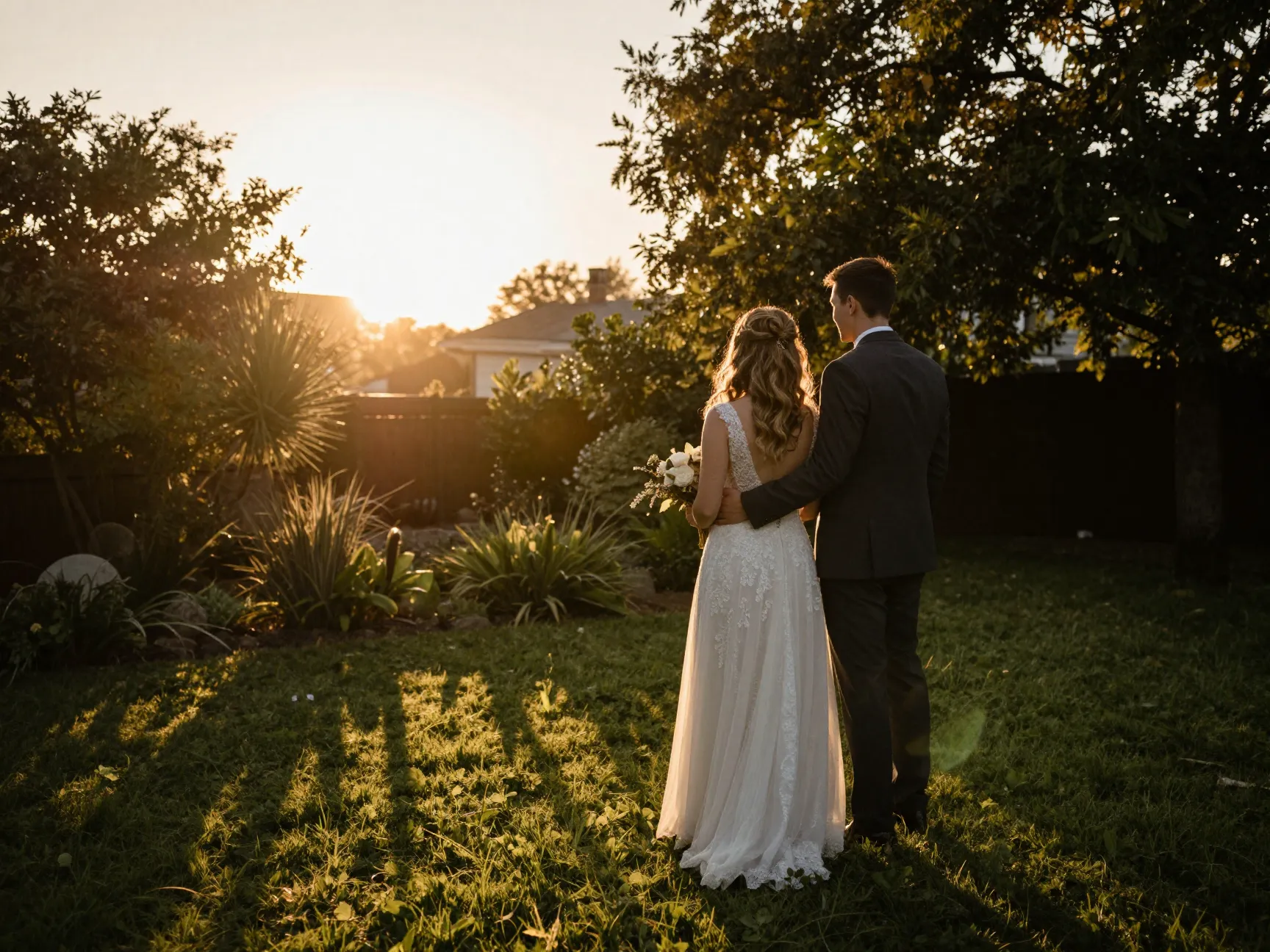 Personalized golden hour photo moment for couple in backyard