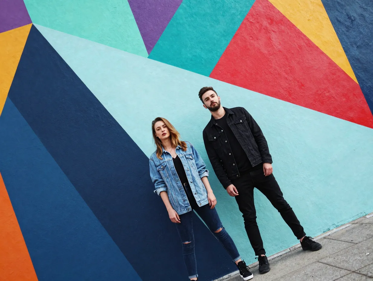 Tilted angle couple portrait modern rebellious graphic mural