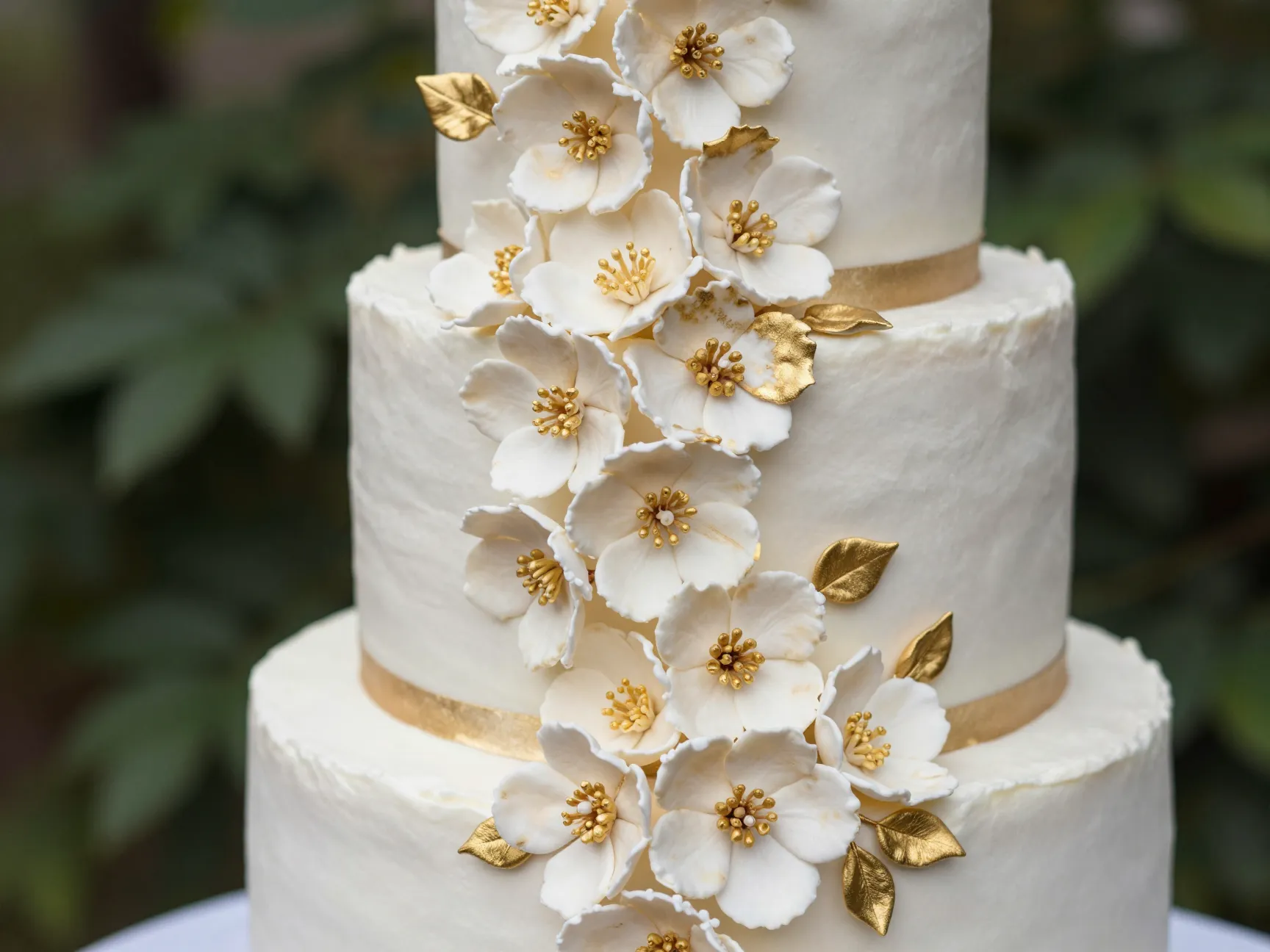 Floral garden cake with cascading sugar flowers and gold