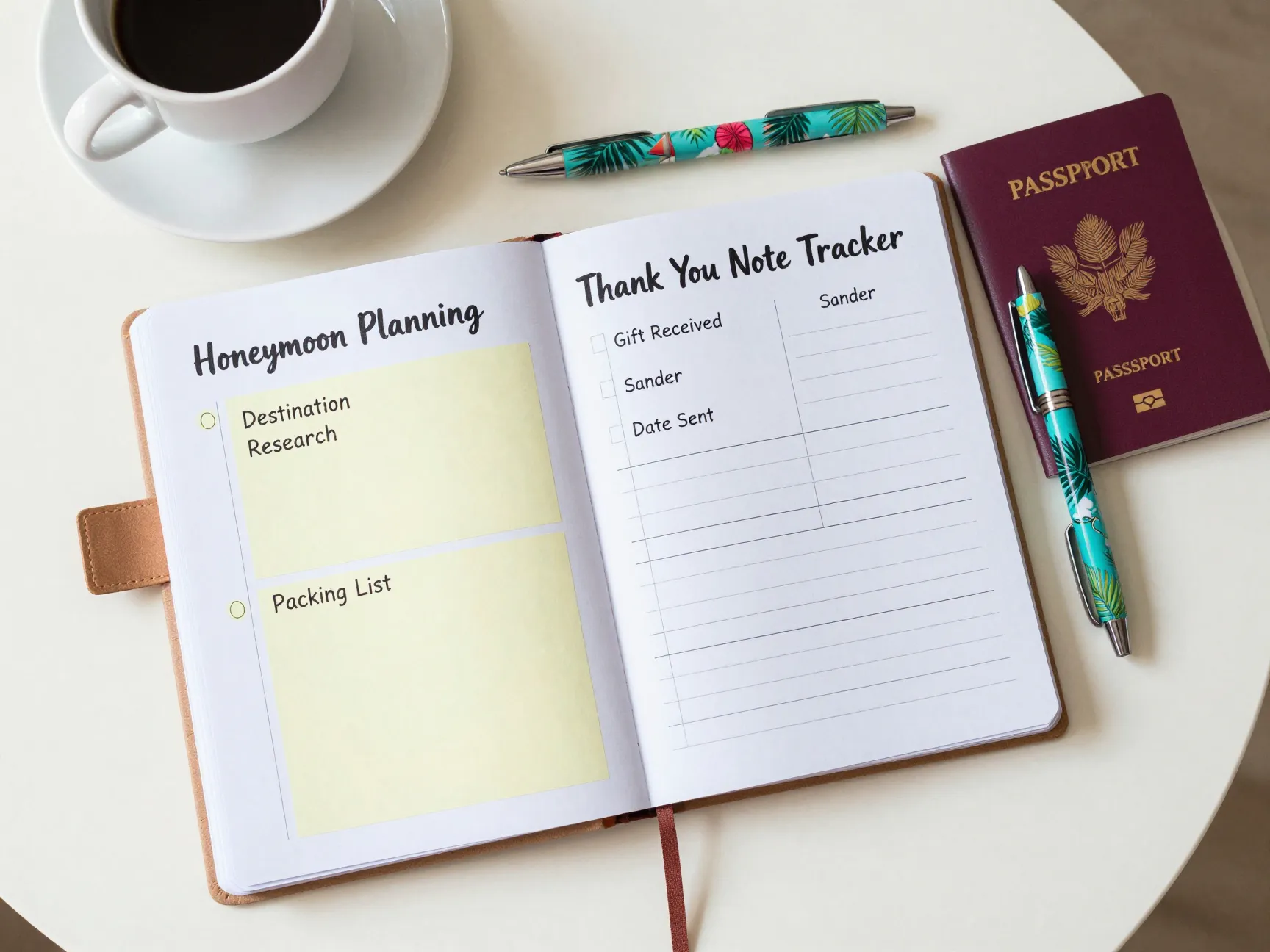 Honeymoon planning page and thank you note tracker in planner