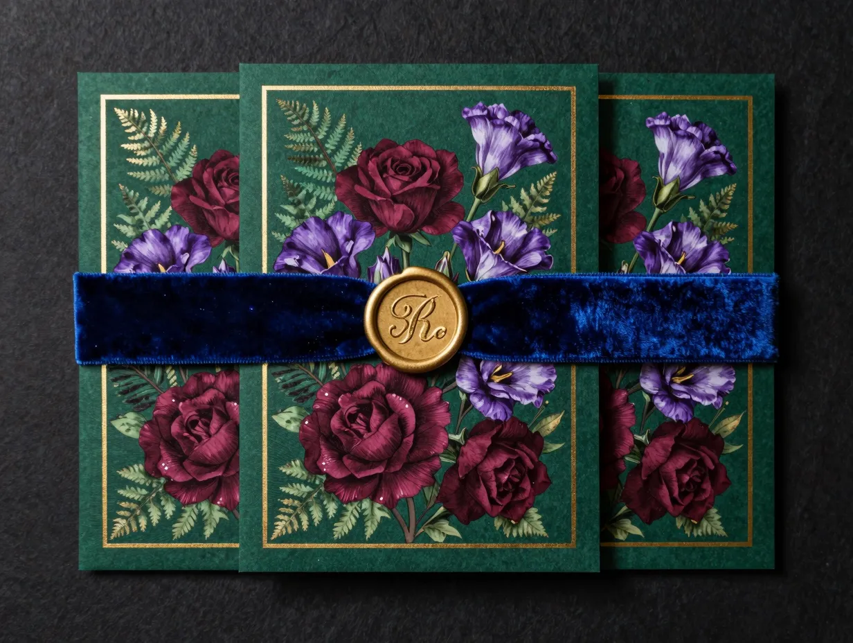 Maximalist jewel tone floral invitation with velvet band