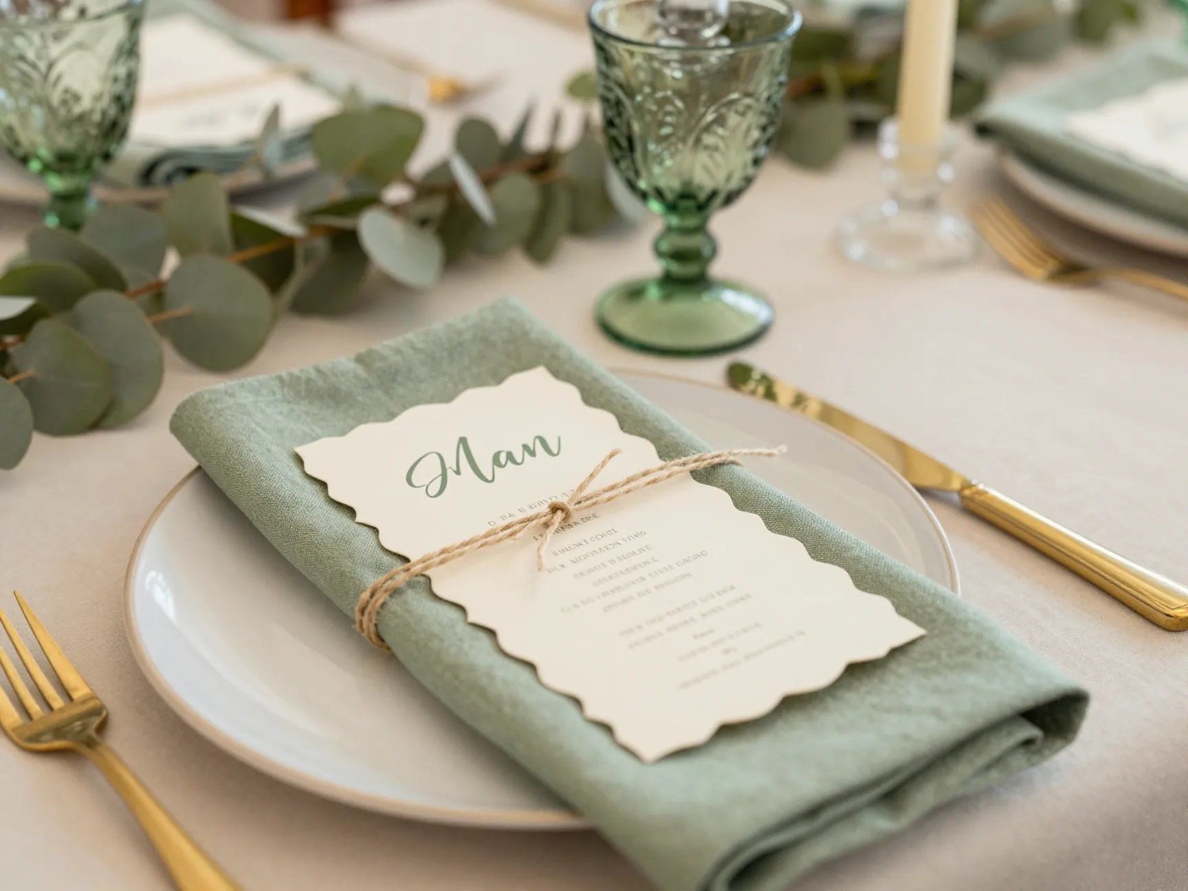 Sage green and natural color palette details on wedding tablescape