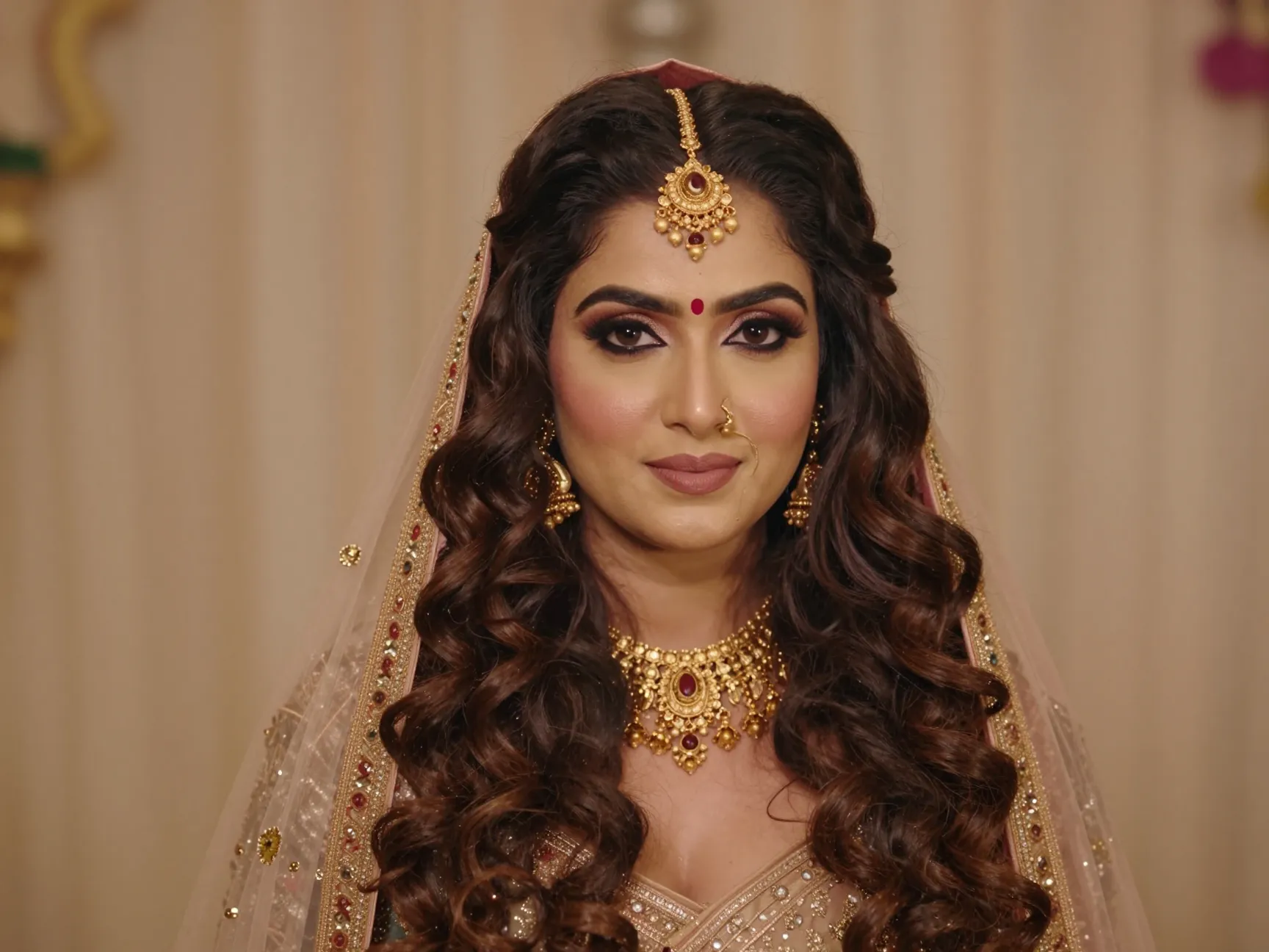 Voluminous curls with a maang tikka and a sheer dupatta