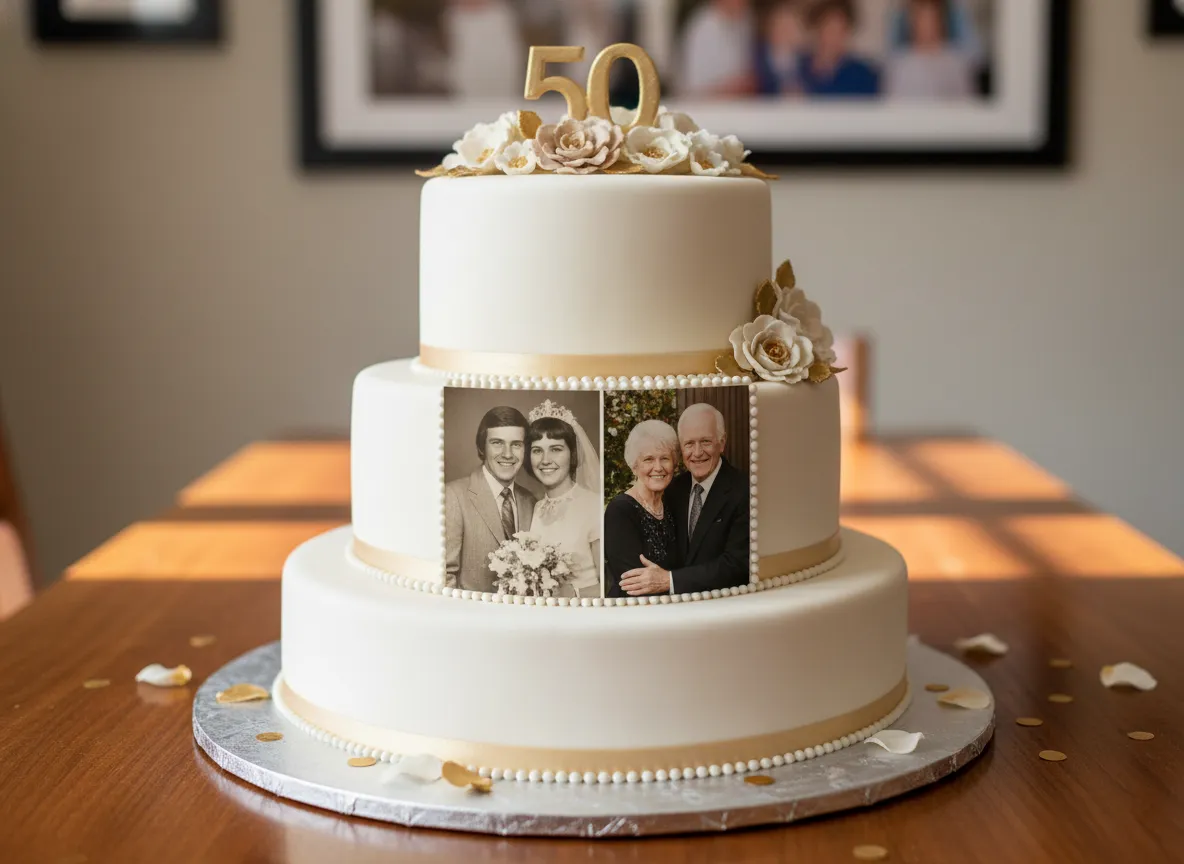 Personalized anniversary cake with edible wedding photo print