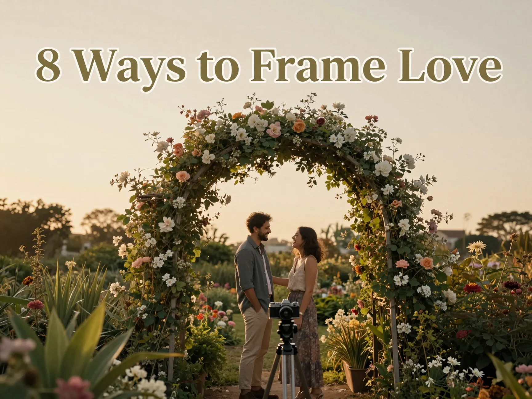 Couple framed by flower arch golden hour engagement photography example