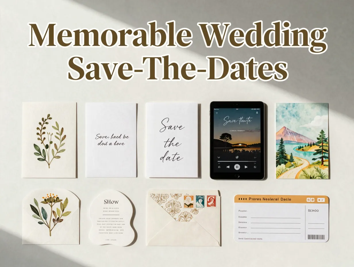 Curated flat lay eight modern wedding save date card design examples