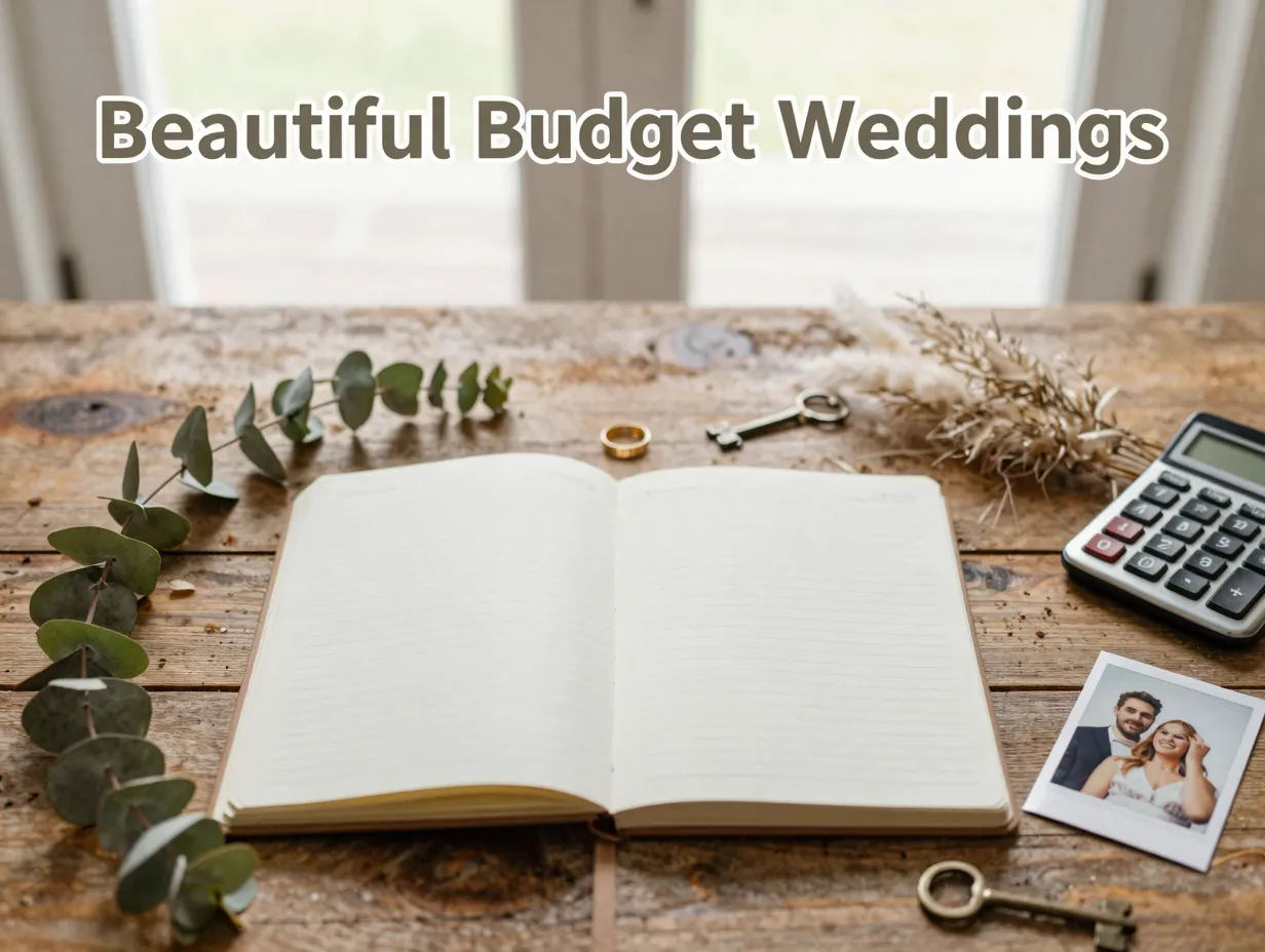 Wedding planner flatlay rustic notebook eucalyptus rings dried flowers budget