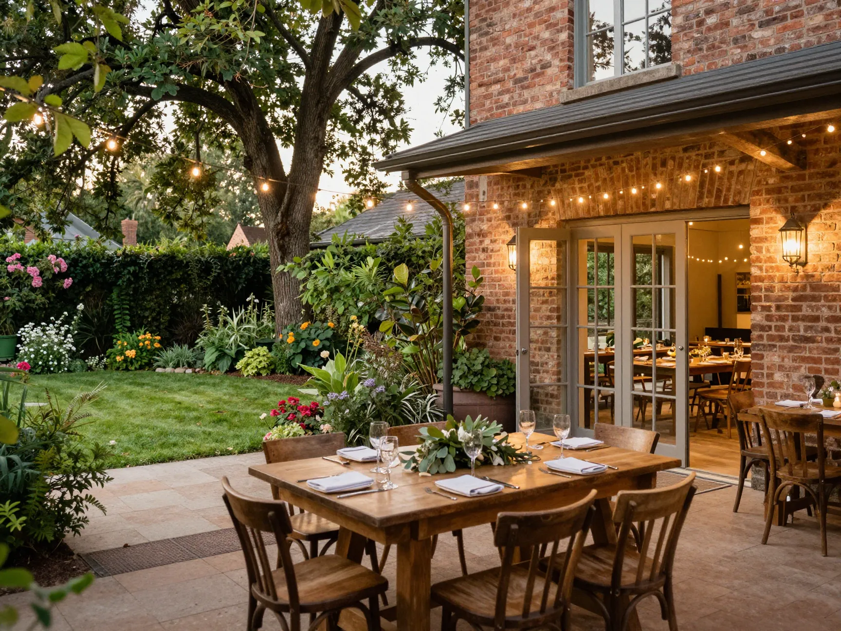 Beautiful private garden wedding with exposed brick restaurant and rustic charm