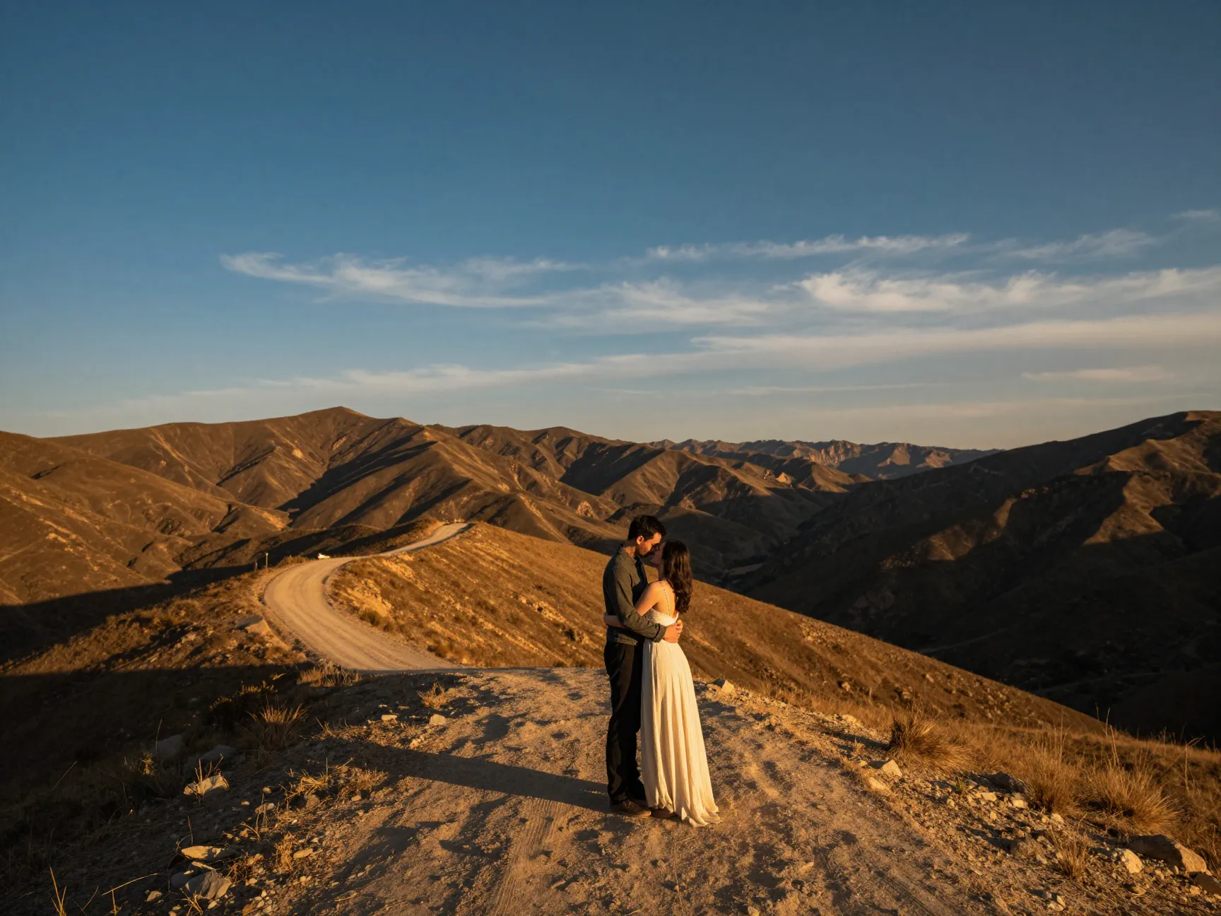 Sweeping cinematic mountain vista golden hour wide angle engagement photo